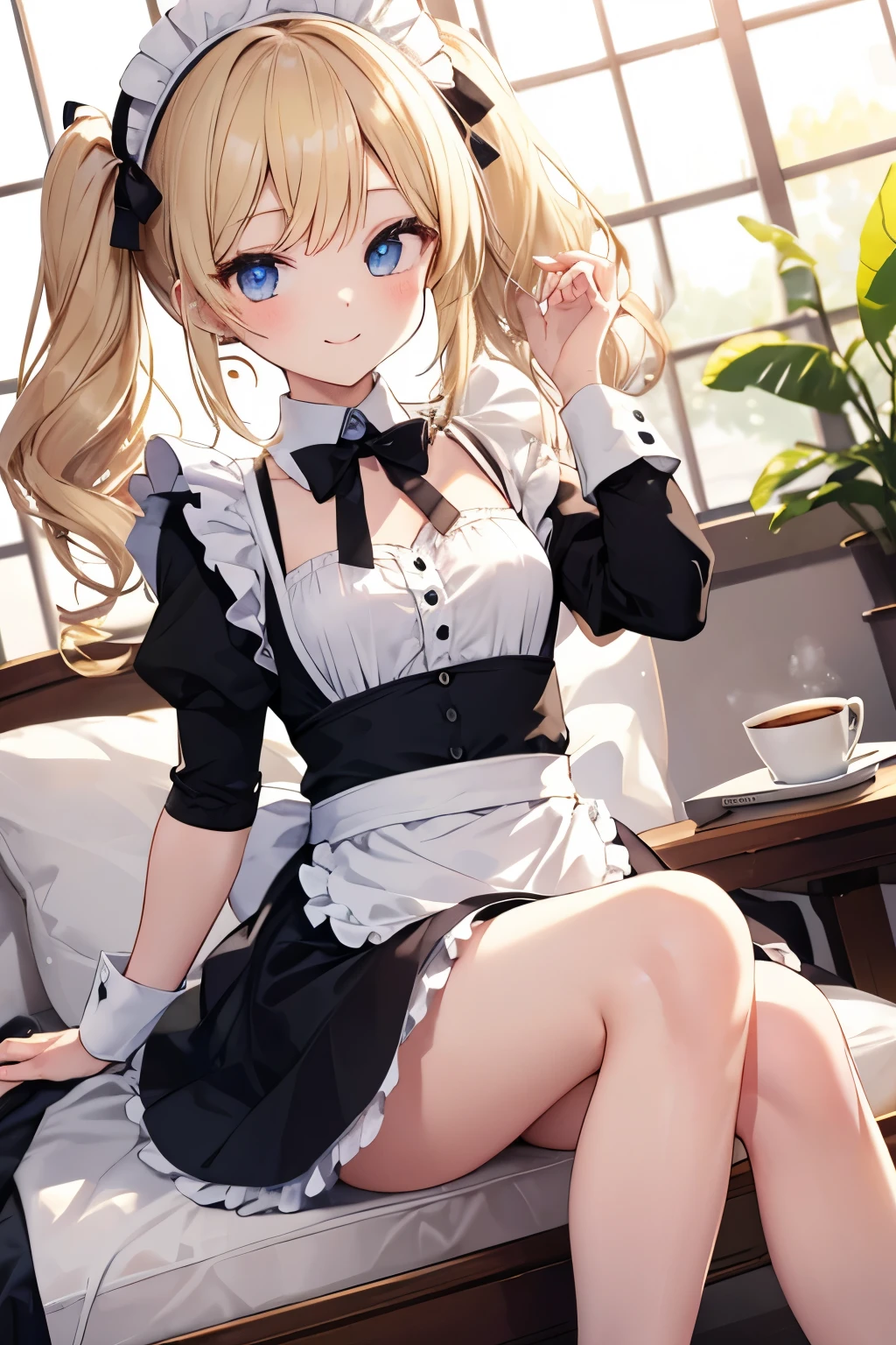 Blonde、Blue Eyes、girl、Small breasts、Twin tails、girl、Small breasts、Lolita、Bright smile、Looks about 、Petan Musume、He is short、Eye highlights、Sexy thighs、Wearing maid uniform、Have a coffee