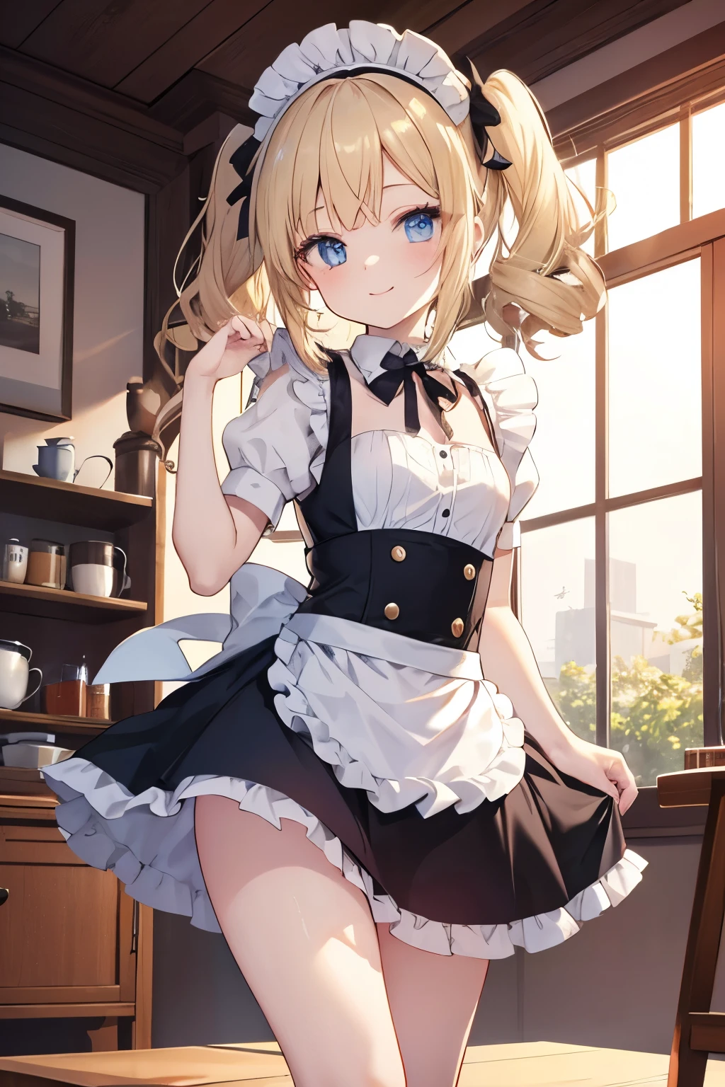 Blonde、Blue Eyes、girl、Small breasts、Twin tails、girl、Small breasts、ta、Bright smile、Looks about 15 yan Musume、He is short、Eye highlights、Sexy thighs、Wearing maid uniform、Have a coffee