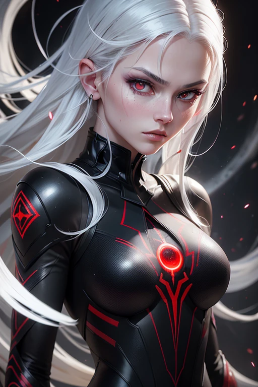 A beautiful white-haired, red-eyed 15-year-old female assassin, intricate detailed face and eyes, long lashes, flawless skin, mysterious expression, sleek black bodysuit, cosmic energy swirling around, dark shadowy background, cinematic lighting, highly detailed, photorealistic, digital art, masterpiece