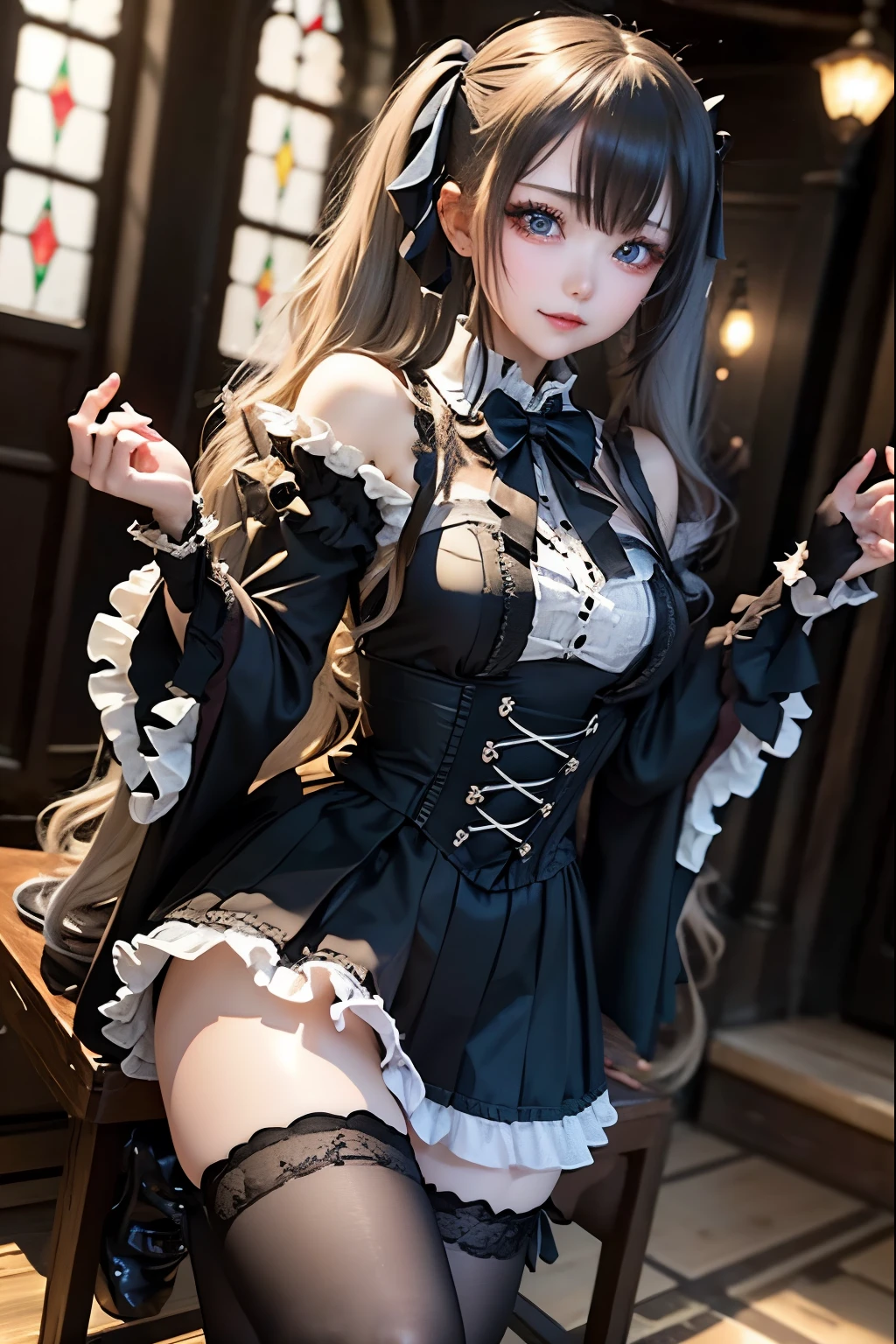 ハードDark Gothicメイク、Deep Night Sky、Horror、Black dark eyeshadow、cry、sad、Good skin radiance、Dark Gothicメイク、Dark smile、palace、The beauty of fragrance、24-years-old、Expressions of intense sexual pleasure、Embarrassed look、Dark Gothic、Obscene language、highest quality、Drunk face、紫のMaid clothes、Mysterious、Noble、sexy、Loving smile、Twin tail hair、Right blue eye, Left eye is red、Platform Heel Shoes、Heavy makeup、Gothic ta Clothing、A little slimmer、Silver Hair、Long Hair Straight Hair、Cute Gothic Loliress、Beautiful Face、elegant features、Fascinating face、Stained glassが背景、Chest glistening with sweat、The room is dark、gothic long dress、Bell Sleeves、Wizard Sleeve、Decadent look、Sexually excited expression、Glossy thighs wet with water、Thighs that are wet and shiny with oil、Background of a room full of roses、sad表情、The embroidery is pink、The dress has pink embroidery、Thigh-high socks、Knee-high socks、Gentle expression、Dark black eyeshadow、Stained glassと薔薇背景、Female Duo、Female couple、dark church background、Stained glass、Black metal world、Dark Castle、Dark Room、Slender body、upright、walk、Are standing、gothic long dresaid clothes、Victorian dresses、Her thighs glisten with sweat、My body is wet and shiny、Lots of glitter on the thighs、sweating、My thighs are sticky from sweating、Sweat glistens on the thighs, The whole body is sweaty and shiny、Quite sweaty、My thighs are sweaty、My thighs are so wet、My thighs are shining with sweat、A lot of sweat glistens all over the body、The thighs are the best、Thighs are glamorous、Small breasts、Playing guitar、Singing while playing the guitar、les paul guitar、Holding a guitar、Playing in a band、Playing guitar chords、Practicing guitar、Grab the microphone stand、Sing a song、Embodying the guitar、Decorate your guitar、An enthusiastic live music venue、Splendid stage、