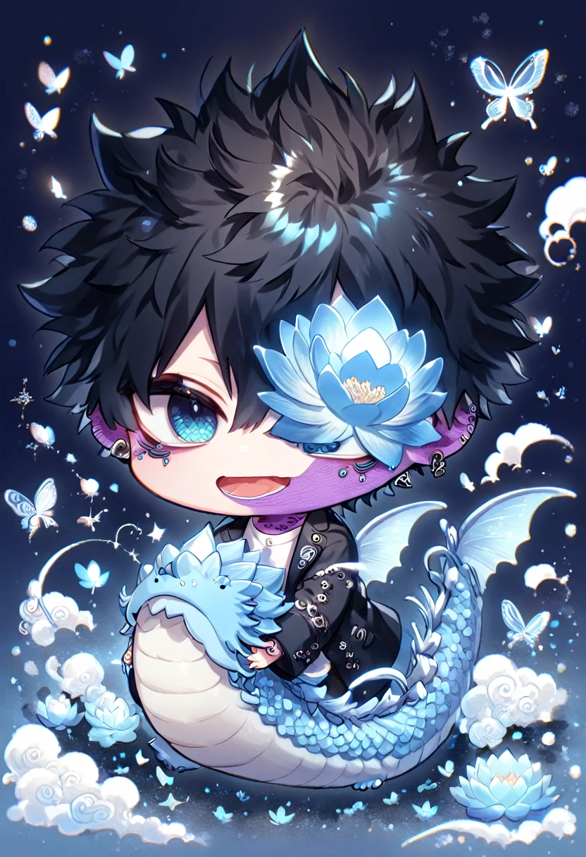 absurdres, highres, ultra detailed, HDR, master piece, best quality, Dabi chibi, black hair spiked around his head, expressive turquoise eyes, boku no hero academia, solo, cute, hugging a light-blue dragon, dragon, black jacket, white shirt, patterns, magical, fantasy, blue background, blue lotus, shining, blue petals, blue butterflies