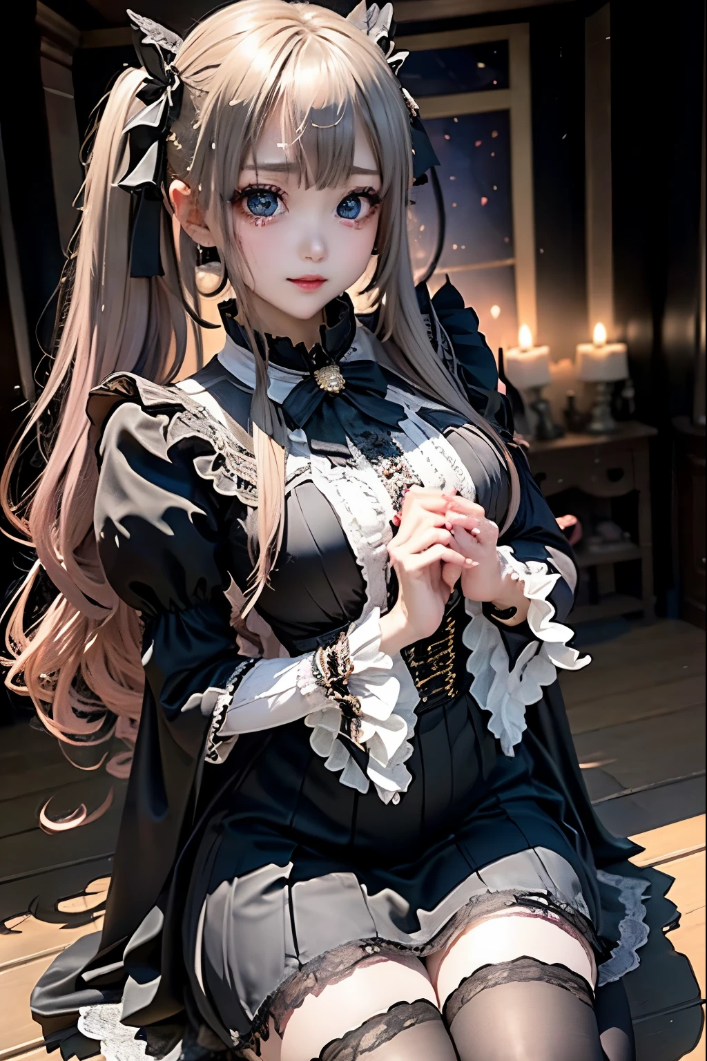 ハードDark Gothicメイク、Deep Night Sky、Horror、Black dark eyeshadow、cry、sad、Good skin radiance、Dark Gothicメイク、Dark smile、palace、The beauty of fragrance、24-years-old、Expressions of intense sexual pleasure、Embarrassed look、Dark Gothic、Obscene language、highest quality、Drunk face、紫のMaid clothes、Mysterious、Noble、sexy、Loving smile、Twin tail hair、Right blue eye, Left eye is red、Platform Heel Shoes、Heavy makeup、Gothic Lolita Clothing、A little slimmer、Silver Hair、Long Hair Straight Hair、Cute Gothic Lolita Dress、Beautiful Face、elegant features、Fascinating face、Stained glassが背景、Chest glistening with sweat、The room is dark、gothic long dress、Bell Sleeves、Wizard Sleeve、Decadent look、Sexually excited expression、Glossy thighs wet with water、Thighs that are wet and shiny with oil、Background of a room full of roses、sad表情、The embroidery is pink、The dress has pink embroidery、Thigh-high socks、Knee-high socks、Gentle expression、Dark black eyeshadow、Stained glassと薔薇背景、Female Duo、Female couple、dark church background、Stained glass、Black metal world、Dark Castle、Dark Room、Slender body、upright、walk、Are standing、gothic long dresaid clothes、Victorian dresses、Her thighs glisten with sweat、My body is wet and shiny、Lots of glitter on the thighs、sweating、My thighs are sticky from sweating、Sweat glistens on the thighs, The whole body is sweaty and shiny、Quite sweaty、My thighs are sweaty、My thighs are so wet、My thighs are shining with sweat、A lot of sweat glistens all over the body、The thighs are the best、Thighs are glamorous、Small breasts、Playing guitar、Singing while playing the guitar、les paul guitar、Holding a guitar、Playing in a band、Playing guitar chords、Practicing guitar、Grab the microphone stand、Sing a song、Embodying the guitar、Decorate your guitar、An enthusiastic live music venue、Splendid stage、