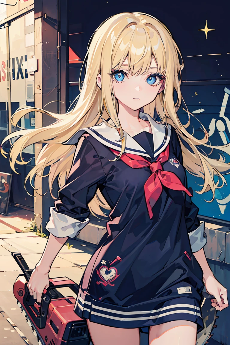 ((1 girl)), ((Chainsaw)),Cool woman,Rough poses, whole body, student, Sailor suit, Sparkling, victory, Graffiti on the wall, Cowboy Shot,((Very detailed,highest quality, High resolution, 8k wallpaper, Beautiful new clothes,)),((blonde, Long Hair,Messy Hair)), Blowing in the wind, eye shadow, eyeliner,Glow Eye, A new face of detailed beauty, The beauty of reflected light - new eyes, ((Sparkling blue eyes)),