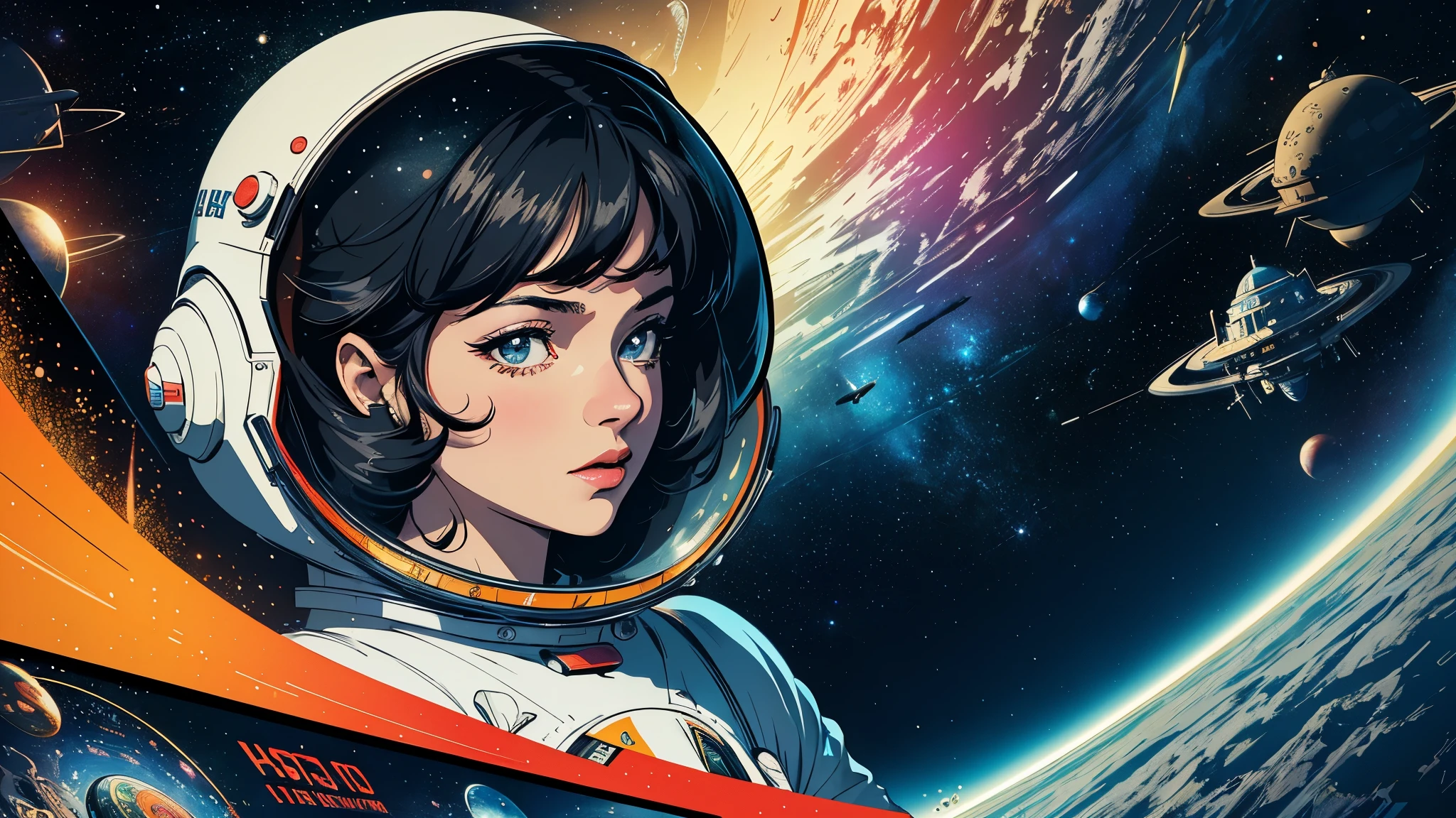 (masterpiece, highest quality), 8k wallpaper, very detailed, poster, vintage science fiction, 1960s,(((space thriller cinematic movie poster))), (bauhaus), shape,abstract, mid century modern, movie poster, vintage, Perfect Lady,anime,1970's,halftone,speech bubble