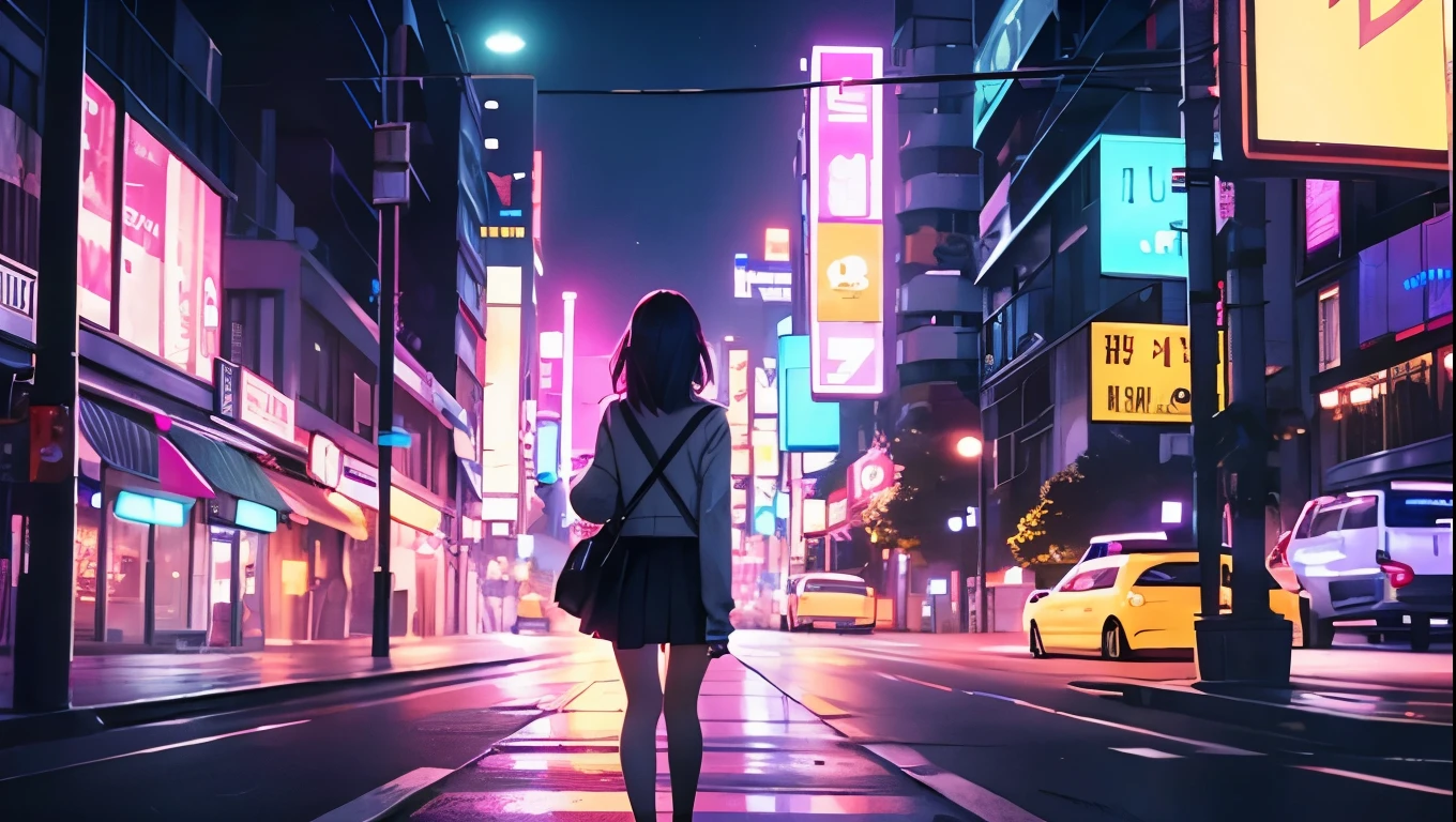 Neon city at night、Woman walking alone、mini skirt