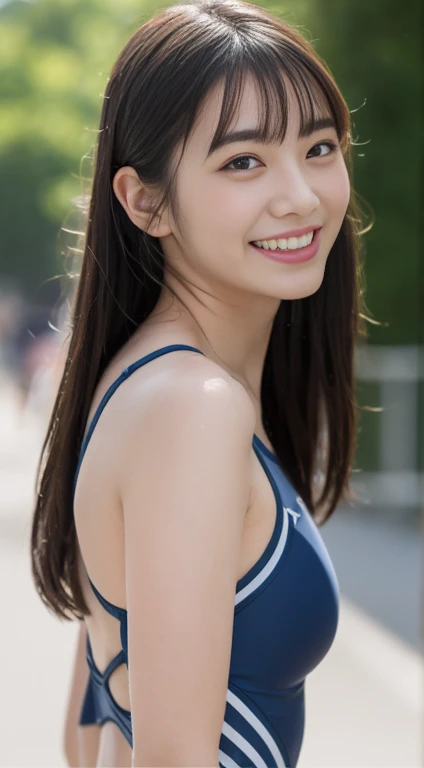 ((highest quality, 8k, masterpiece:1.3, 1 girl, beautiful girl)), High resolution, cute, dynamism, Detailed face, Detailed skin, Fine grain, Detailed lips, Realistic, RAW Photos, Natural light, Perfect Anatomy, Dynamic pose, Round ass, Toned Legs, double eyelid, Tear bags, Round eyes, Moist lips, Mouth details, Detailed tongue, Japanese Girls, Black Hair, bangs, (One piece school swimsuit), Racecourse, indoor, Detailed clothing, Sweaty, Wet clothes, Wet Hair, smile, Long Hair、ponytail