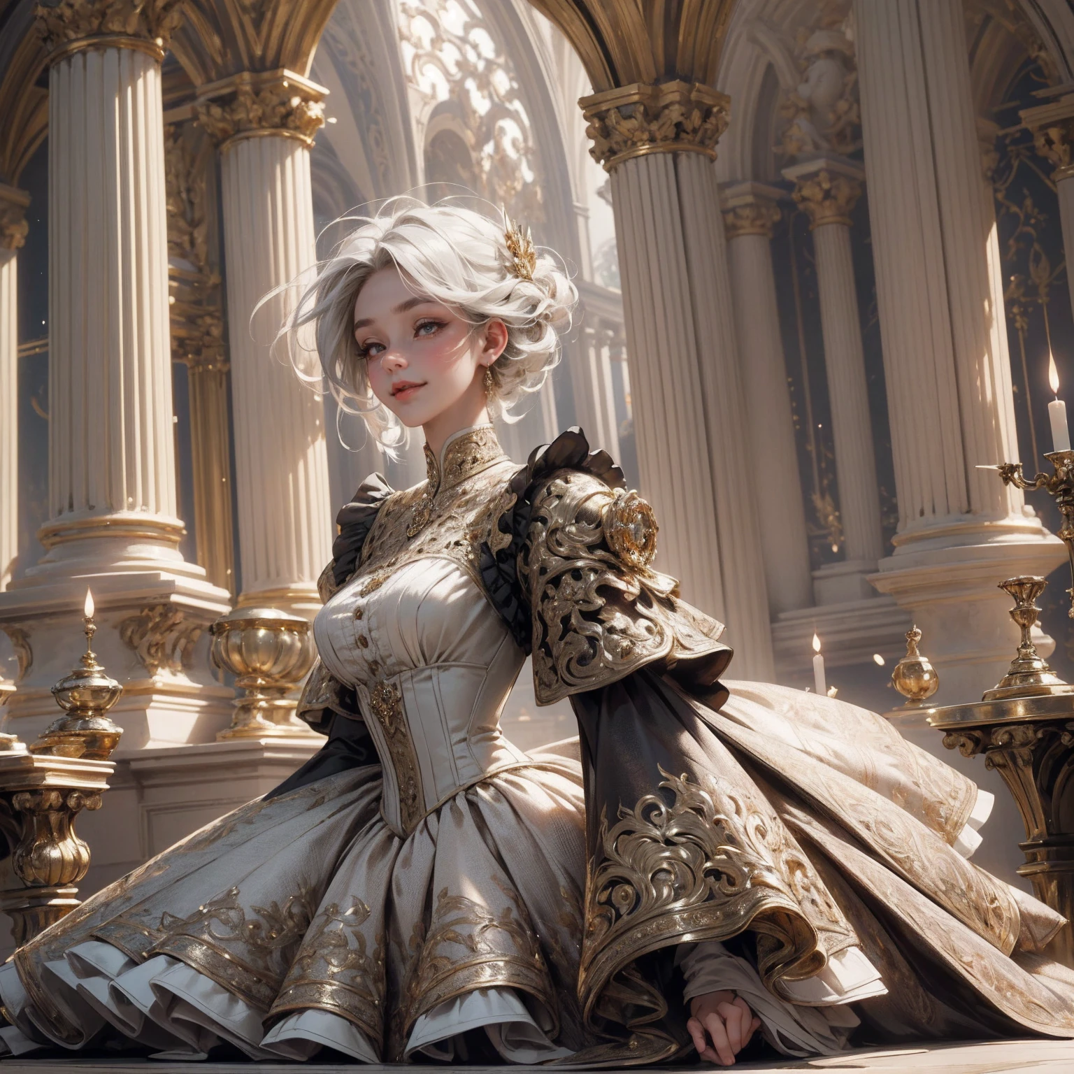 { - anatomy error}(Masterpiece - Ultra-detailed, very high resolution) Prepare to be enchanted by a true masterpiece that combines ultra-detailed art with high-resolution rendering. This work depicts a mesmerizing woman with short white hair (1.3) and captivating gray eyes (1.2), emanating an aura of elegance and mystery in Victorian settings. The intricate details and realistic textures invite you to explore every aspect of this enchanting composition. Woman wearing beautiful classic Victorian costume from the year 1878. Red lips. Happy face. Smiling. light brown (gold) dress. Walking, writing, lying down, standing, on your back, dynamic poses., upper body. dynamic poses. Get ready to dive into a world where beauty and craftsmanship merge perfectly.