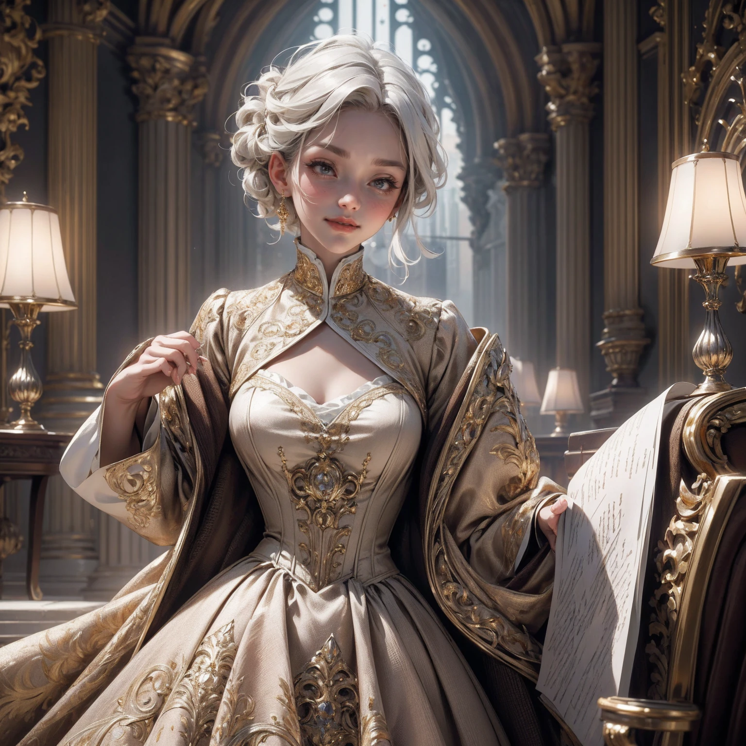 { - anatomy error}(Masterpiece - Ultra-detailed, very high resolution) Prepare to be enchanted by a true masterpiece that combines ultra-detailed art with high-resolution rendering. This work depicts a mesmerizing woman with short white hair (1.3) and captivating gray eyes (1.2), emanating an aura of elegance and mystery in Victorian settings. The intricate details and realistic textures invite you to explore every aspect of this enchanting composition. Woman wearing beautiful classic Victorian costume from the year 1878. Red lips. Happy face. Smiling. light brown (gold) dress. Walking, writing, lying down, standing, on your back, dynamic poses., upper body. dynamic poses. Get ready to dive into a world where beauty and craftsmanship merge perfectly.