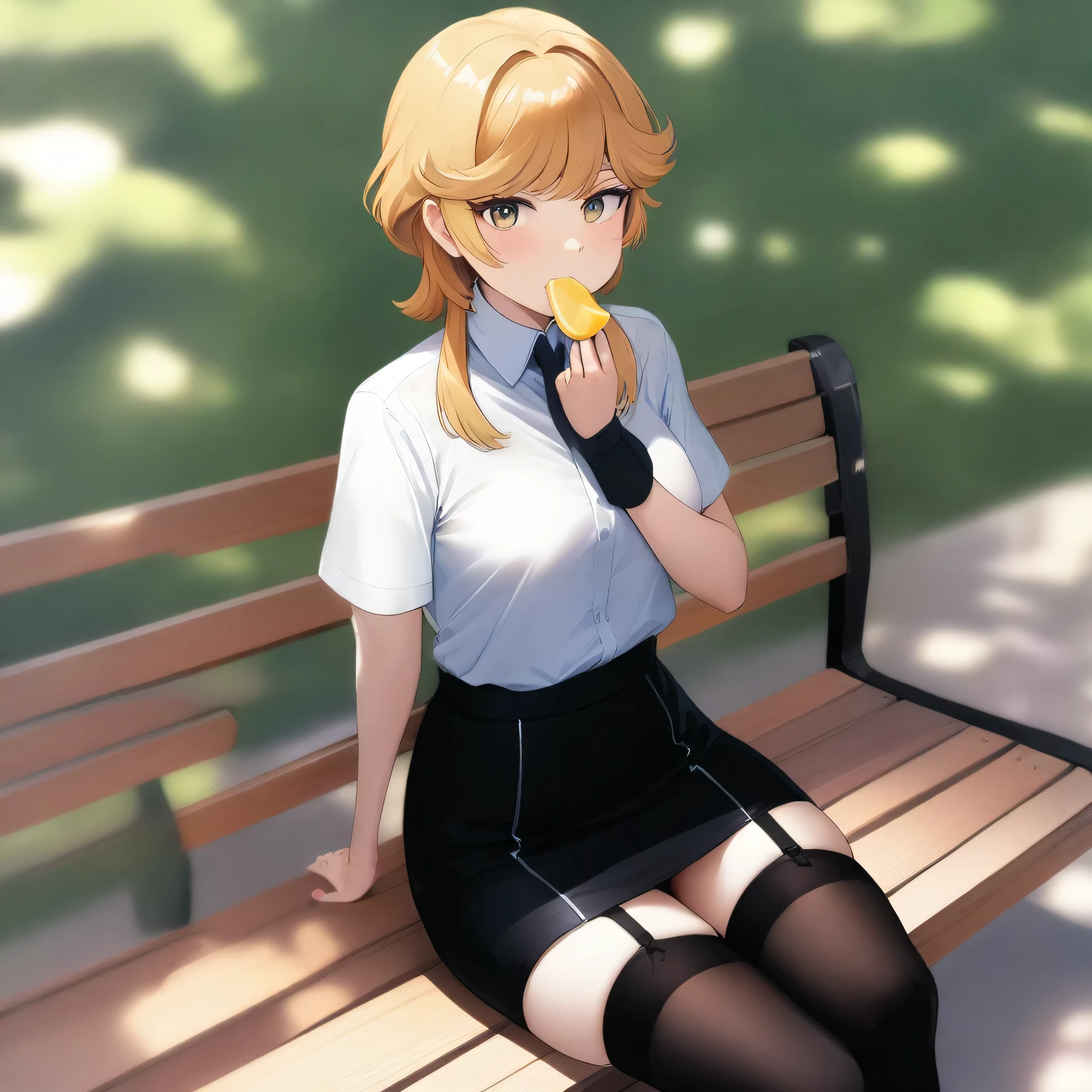 score_9, score_8_up, score_7_up,score_6_up, score_5_up, highly detailed, lighting and shadowing, light and shadow, high res, 1girl, mineva lao zabi, gundam , opaque white shirt with tie, black (tight skirt:1.2), black thigh high stockings with garter belt, sitting on the bench in the crowded park, (eating a slice of lemon:1.2), sunlight coming through the window, (button_gap:-0.5), masterpiece, best quality, very aesthetic, absurdres
