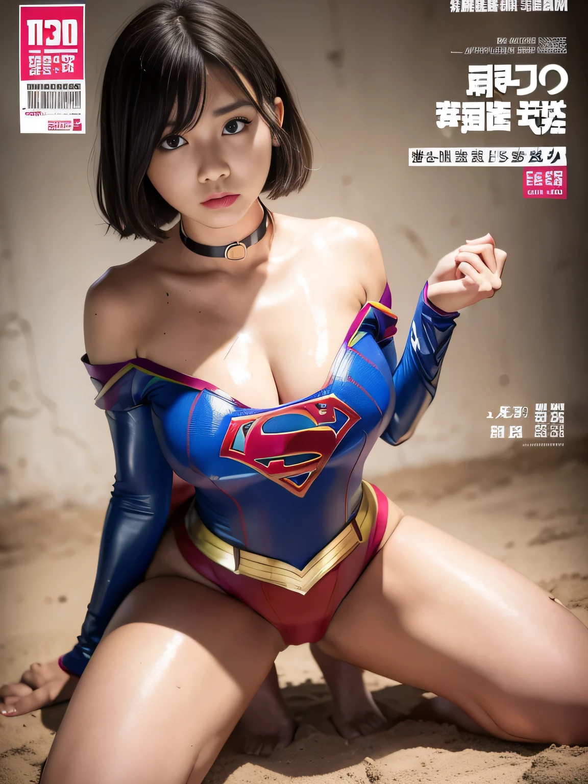 masterpiece、Supergirl Costume、short hair、barefoot、Big and ample breasts、Crisis situation、Complete surrender、Dirt、prison、Abused、Kneel、Sweaty skin、Shiny、looking at the camera、Mud splatter、choker、Long sleeve、Sexy poses to seduce、Poor environment、Humiliating、Off the shoulder、latex、Weekly magazine cover style、