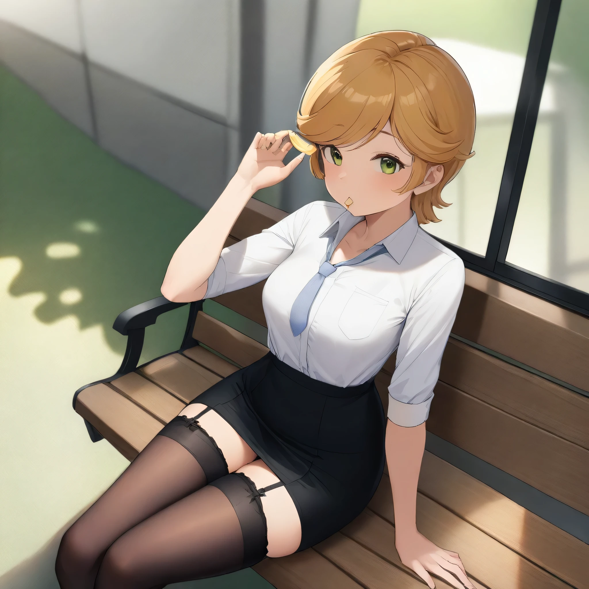 score_9, score_8_up, score_7_up,score_6_up, score_5_up, highly detailed, lighting and shadowing, light and shadow, high res, 1girl, mineva lao zabi, gundam  , opaque white shirt with tie, black (tight skirt:1.2), black thigh high stockings with garter belt, sitting on the bench in the crowded park, (eating a slice of lemon:1.2), sunlight coming through the window,  (button_gap:-0.5), masterpiece, best quality, very aesthetic, absurdres