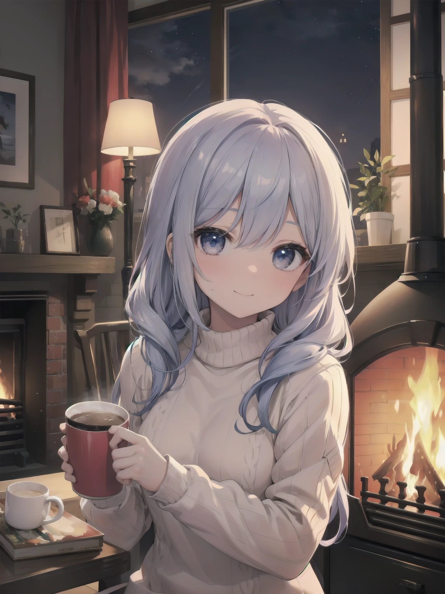 (Winter night and girl、sweater、Mug、Relax in front of the fireplace)
Cold Winter Night、sweaterを着た少女が暖炉の前でMugを両手で抱え、Enjoying a hot drink。The fire in the fireplace gently illuminated her face.、The room is wrapped in a comfortable warmth。Her smile tells the happiness of that moment.、It helps me forget the cold outside。Mugから立ち上る湯気が、Floating softly on her face。