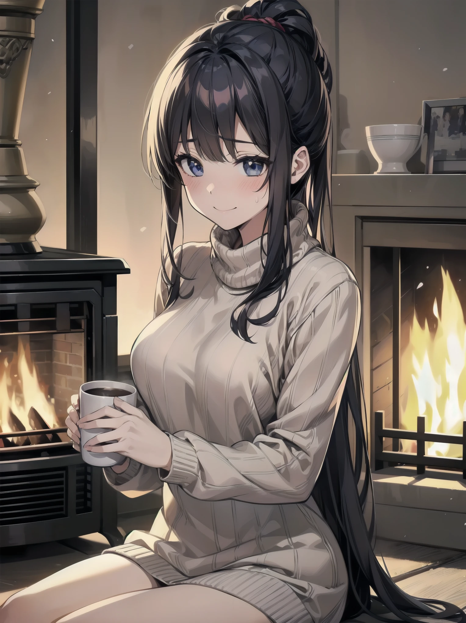 （Winter night and girl、sweater、Mug、Relax in front of the fireplace）
Cold Winter Night、sweaterを着た少女が暖炉の前でMugを両手で抱え、Enjoying a hot drink。The fire in the fireplace gently illuminated her face.、The room is wrapped in a comfortable warmth。Her smile tells the happiness of that moment.、It helps me forget the cold outside。Mugから立ち上る湯気が、Floating softly on her face。