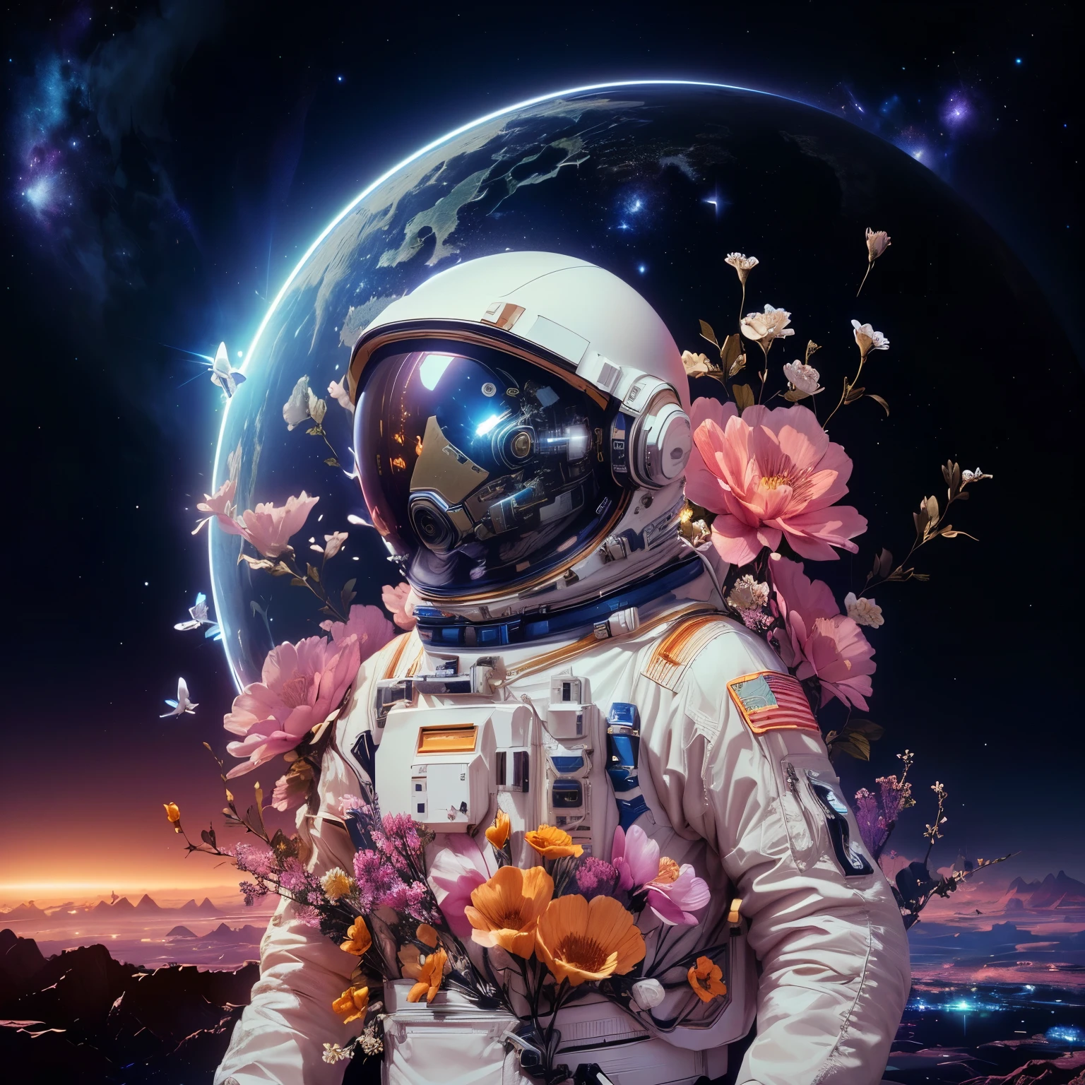 astronaut in space suit with flowers on his chest and planet in the background,  astronaut, beautiful art uhd 4 k, beeple and james jean, astronaut stranded on planet, beeple masterpiece, astronaut lost in liminal space, detailed astronaut, 4k highly detailed digital art, beeple art, beautiful digital artwork, futuristic astronaut