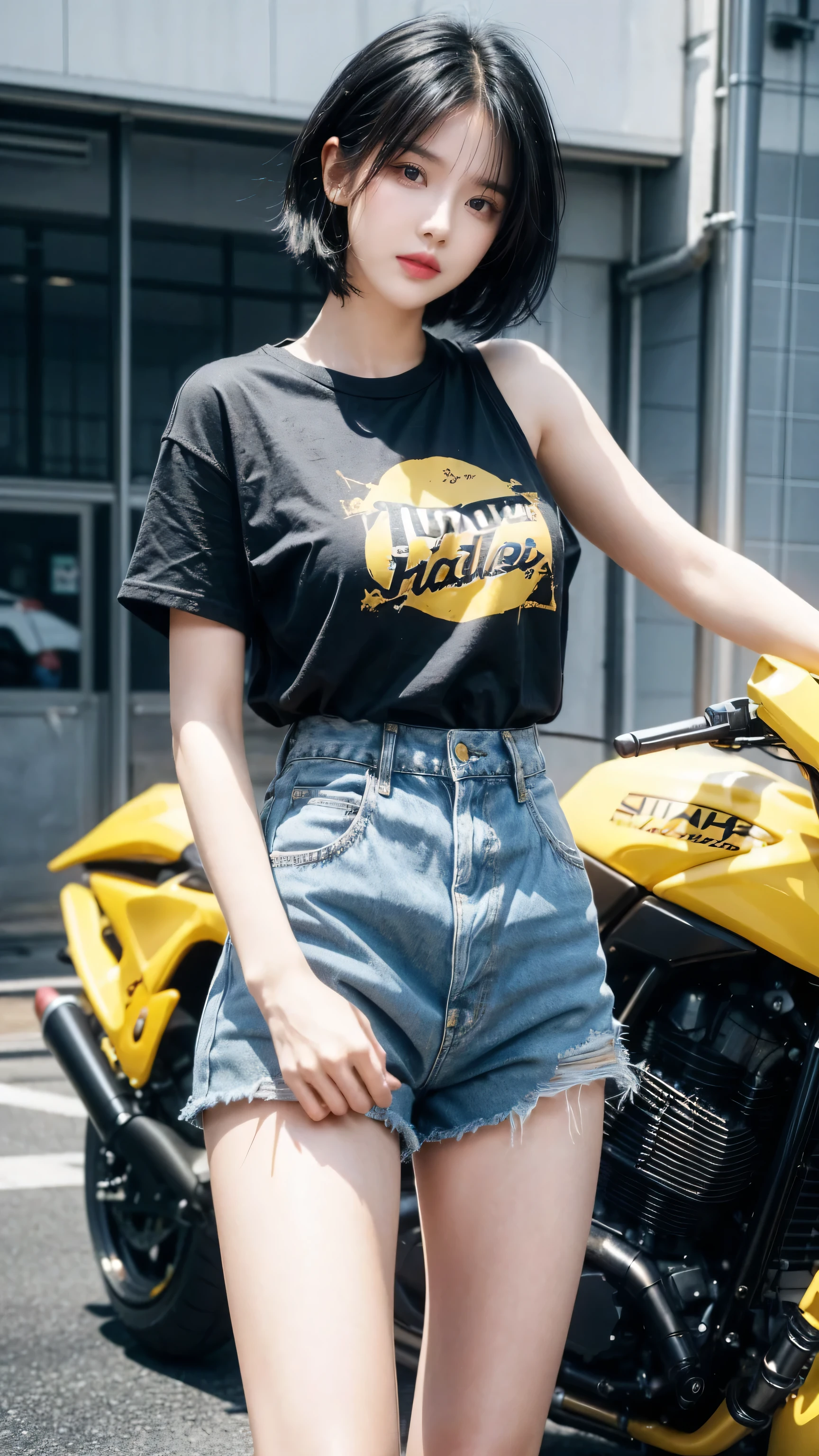 best quality, 1 Girl, dark blue hair, black eyes, Very short hair, Spiky hair, yellow oversize t-shirt, High waist short jeans, 171 cm, Messy hair, Hair between the eyes, Medium breasts, full, Tomboy, aldult, 20 years old, 1 Girl near yellow motorcycle