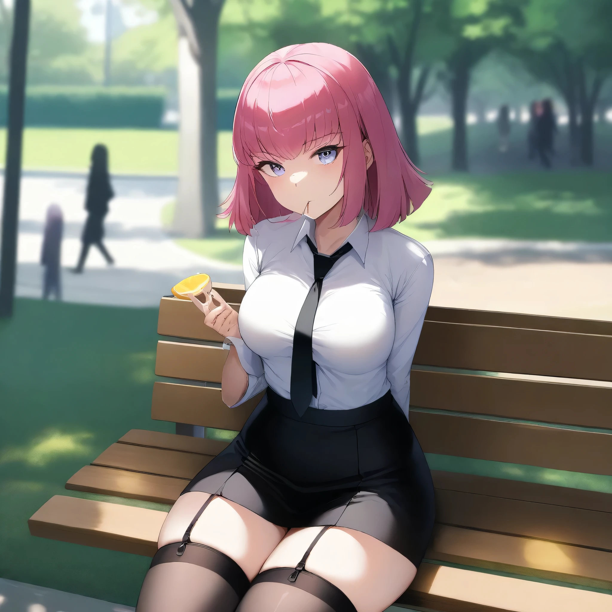 score_9, score_8_up, score_7_up,score_6_up, score_5_up, highly detailed, lighting and shadowing, light and shadow, high res, 1girl, haman karn, gundam , opaque white shirt with tie, black (tight skirt:1.2), black thigh high stockings with garter belt, sitting on the bench in the crowded park, (eating a slice of lemon:1.2), sunlight coming through the window, (button_gap:-0.5), masterpiece, best quality, very aesthetic, absurdres