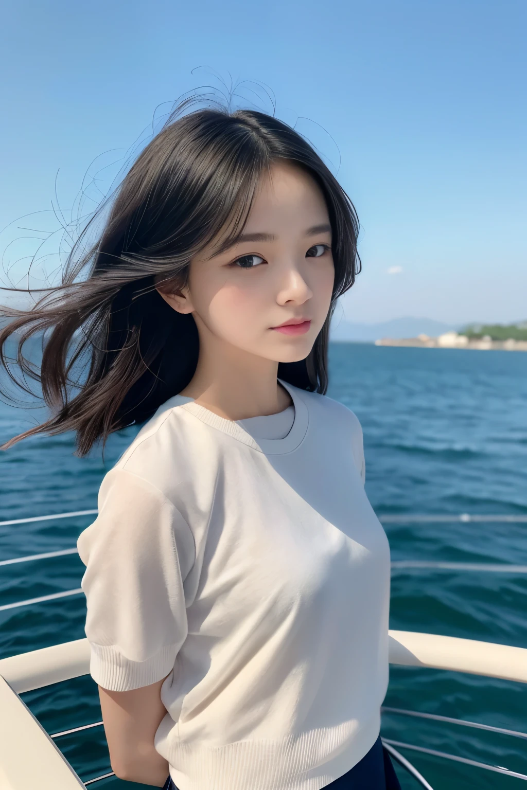 8k, Raw photo, highest quality, masterpiece:1.2), masterpiece, highest quality, figure, Very detailed, Fine details, High resolution, 8k,wallpaper, Perfect dynamic composition,(Detailed high quality, Realistic depiction of eyes:1.3)、A woman who has been  and has her hands tied、Arms wrapped around his back、Standing on a yacht on the sea、The skirt is flipped up in strong winds、White panties are visible、The whole thing faces forward、２１talent、Beauty、Well-formed face、Make your eyes even、Beautiful black hair、Has bangedium build、Well-balanced proportions、Beautiful legs、Short sleeve blouse、Long skirt、Fresh face、Beautiful scenery、