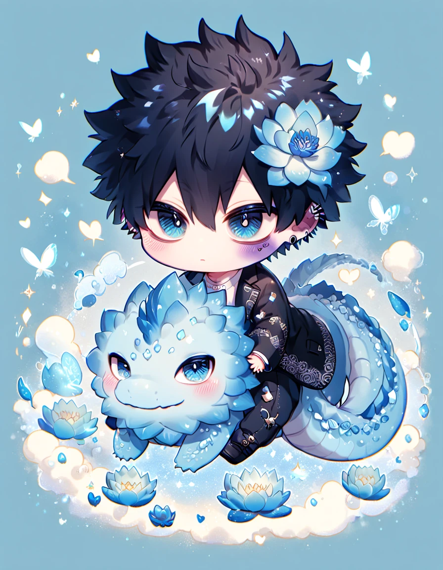 absurdres, highres, ultra detailed, HDR, master piece, best quality, Dabi chibi, black hair spiked around his head, expressive turquoise eyes, boku no hero academia, solo, cute, hugging a light-blue dragon, black jacket, white shirt, patterns, magical, fantasy, blue background, blue lotus, shining, blue petals, blue glittering butterflies