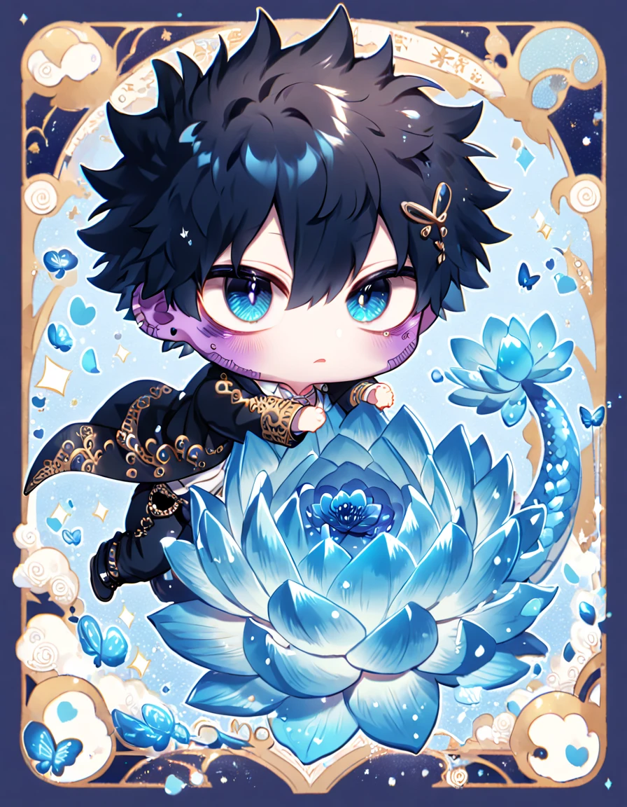 absurdres, highres, ultra detailed, HDR, master piece, best quality, Dabi chibi, black hair spiked around his head, expressive turquoise eyes, boku no hero academia, solo, cute, hugging a light-blue dragon, black jacket, white shirt, patterns, magical, fantasy, blue background, blue lotus, shining, blue petals, blue glittering butterflies