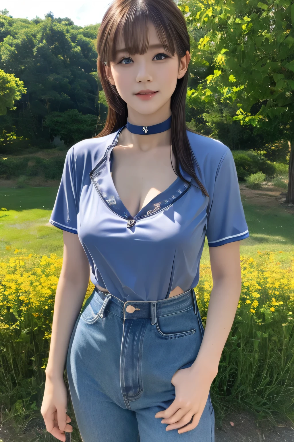 (highest quality, masterpiece:1.3, 超A high resolution), (Very detailed, Caustics), (Realistic:1.4,RAW shooting,)Ultra-Realistic Capture,Very detailed,High resolution 16k, Human skin close-up, The skin texture is natural, It must be detailed enough to be easily identifiable.。 Skin should look healthy and have an even tone。 Use natural light and color, ((Lightweight T-shirt、Transparent nipples)), ((Mountain, blue sky, Slim body)), 1 girl, Japanese, 18-year-old, cute, Long Hair, smile, Turn your body forward, (View from the front:1.1), Looking into the camera, ((Cowboy Shot:1.4)), focused on the chest, Light brown hair, ((Black choker)), Very many long eyelashes, blue eyes, bangs、Long legs、Outdoor, A field