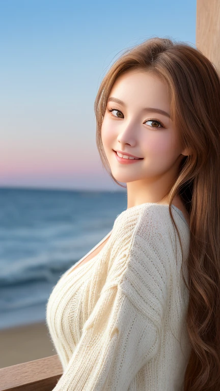 (8k, RAW photograph, highest quality, masterpiece:1.3),(Genuine,photograph:1.37),(Looking at the audience:1.331),Pause,Beachfront,Morning view,sunrise,sunny,One girl,とてもbeautiful顔,small,Hair weight,Fluffy hair,Random representation,Smile with the corners of your mouth,Big eyes,highest quality Hair,((highest quality)), ((masterpiece)), (detailed), whole body、wallpaper、Attention to detail、Perfect balance、Tight waist、Light brown hair、beautiful, Beautiful Skin、beautiful white skin、Russian beauty、(masterpiece:1.3), 一眼レフphotograph、Best image quality: 1.4, (Rough long hairstyle:1.2)、Soft bust、Cleavage:1.4、Loose, lightweight knitwear
