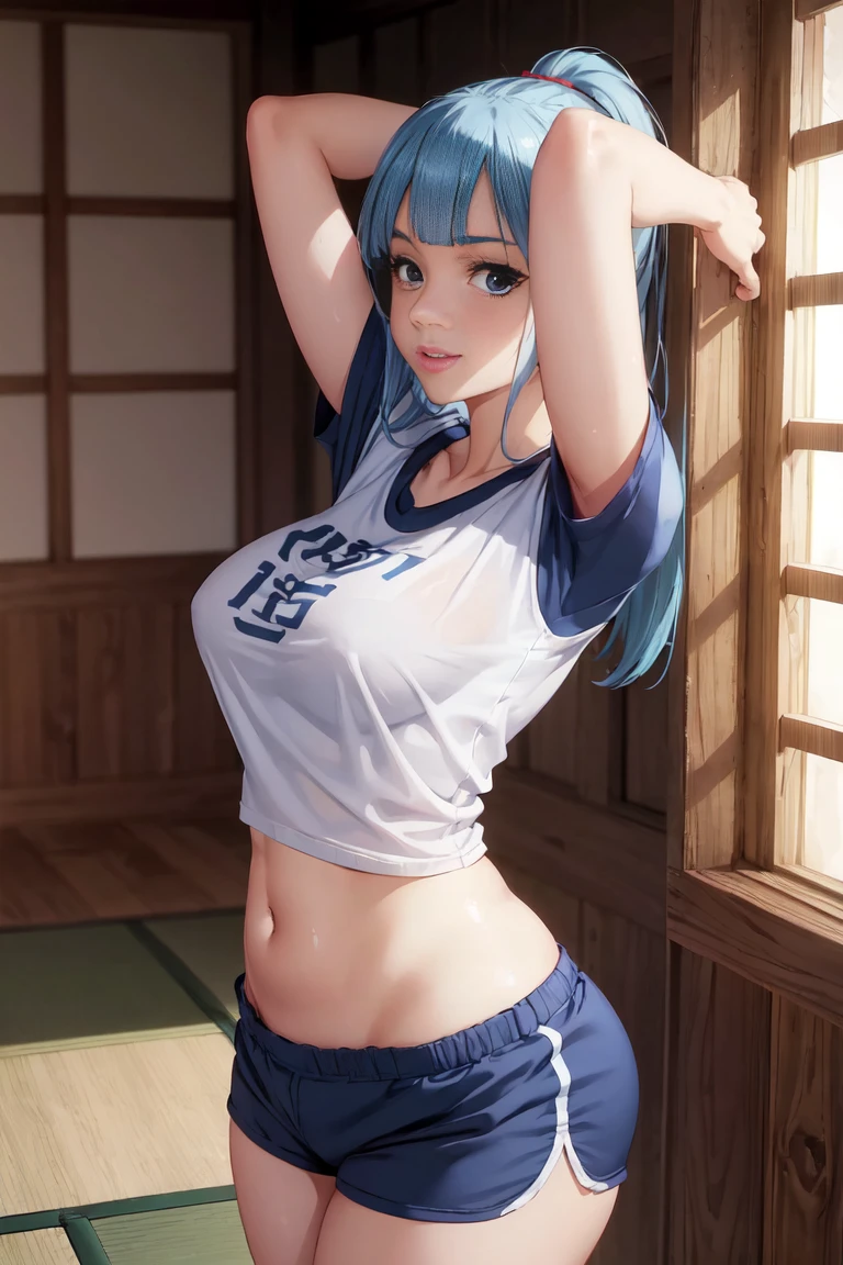 (extremely detailed CG unity 8k wallpaper),(masterpiece),(best quality),(ultra-detailed),(best illustration),(best shadow),(absurdres), Kasumi, 1girl, solo, blue hair, long hair, blue eyes, holding, bangs, blunt bangs, indoors, upper body, straight hair, white graphic tshirt, collarbone, Standing in bedroom , large breasts, Extremely wide hips, thick thighs, facing camera, looking at viewer, (wide hips), beautiful japanese garden background, dolfine shorts, dshorts, lips seperated, cleavege, athletic shorts, Extremely tight shorts,booth shorts, perfect face, kasumi miwa, miwa, handsome on head, arms up, sweating ,hot, ponytail,36 year old mature woman, medium breasts, lips seperated, beautiful lips, shiny lips, delicate lips, Extremely short shorts, overisezed shirt, shirt going down to hips, smiling, no pants