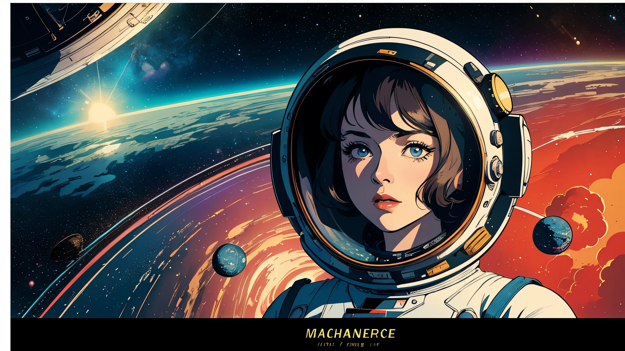 (masterpiece, highest quality), 8k wallpaper, very detailed, poster, vintage science fiction, 1960s,(((space thriller cinematic movie poster))), (bauhaus), shape,abstract, mid century modern, movie poster, vintage, Perfect Lady,anime,1970's,halftone,speech bubble
