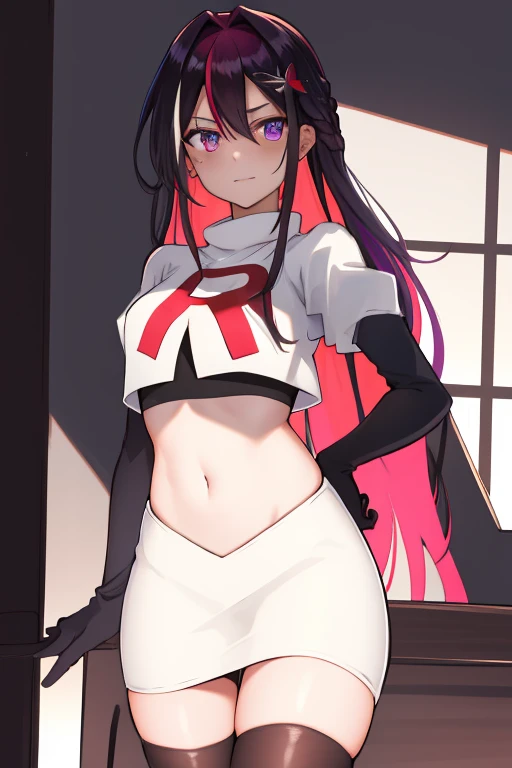 masterpiece, best quality, highres, 1girl, solo, multicolored hair, pink hair, purple eyes, black hair, colored inner hair, hair between eyes, two-tone hair, jewelry, x hair ornament, bangs, very long hair, streaked hair, hairclip, cowboy shot, team rocket,team rocket uniform,white skirt,red letter R,crop top,black thigh-highs,black elbow gloves