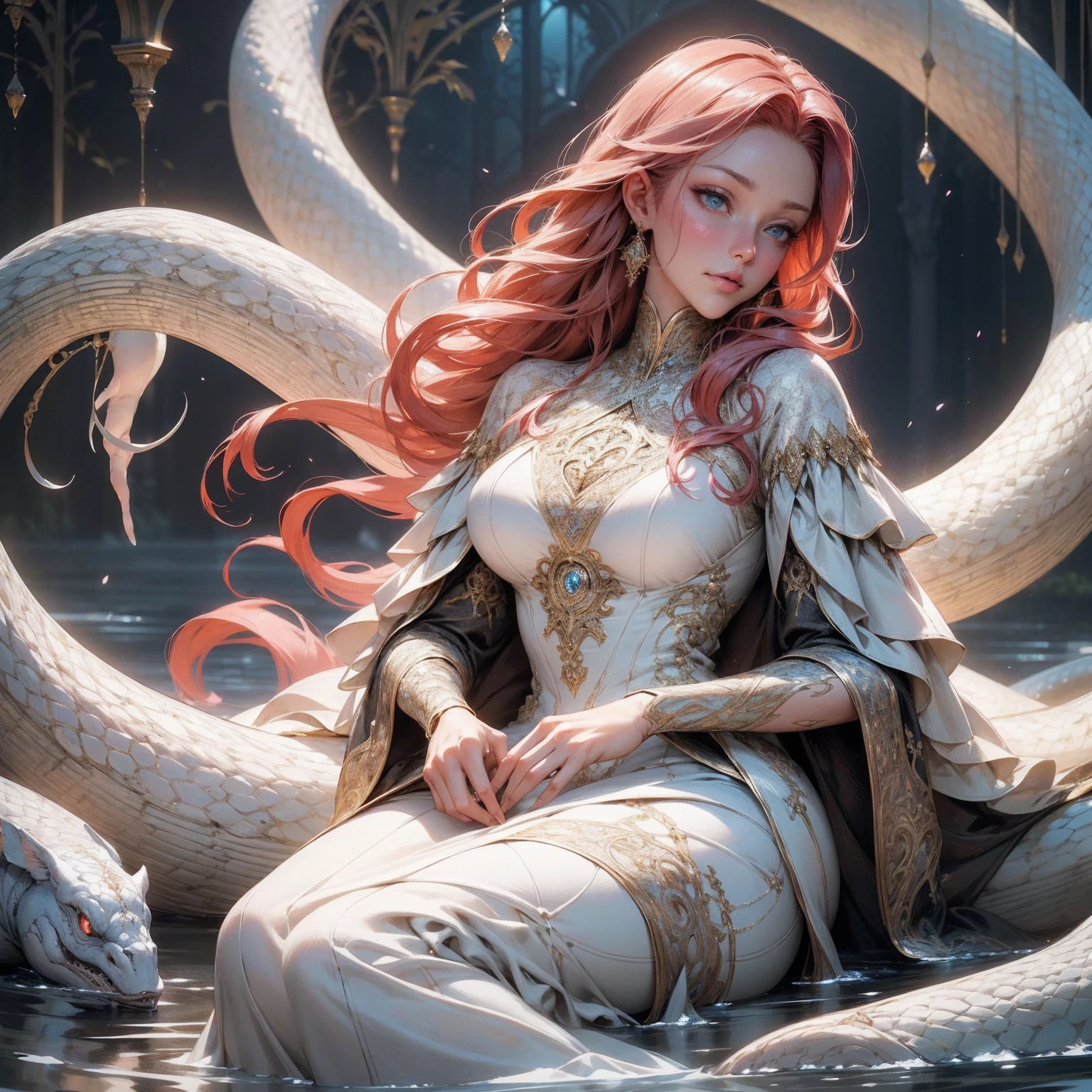 {-erro_de_anatomia:1.0}(best quality,4k,8k,highres,masterpiece:1.2), ultra-detailed, (realistic,photorealistic,photo-realistic:1.37), mature milf, illyasviel von einzbern, redhead hair, upper body, vibrant colors, glowing skin, mesmerizing eyes, brown eyes, elegant pose, enchanting background, delicate lace dress, surreal lighting, ethereal atmosphere, mystical aura, intricate details, artistic medium, digital illustration, fantasy, anime, sitting on the water, backwards, looking back, white snake