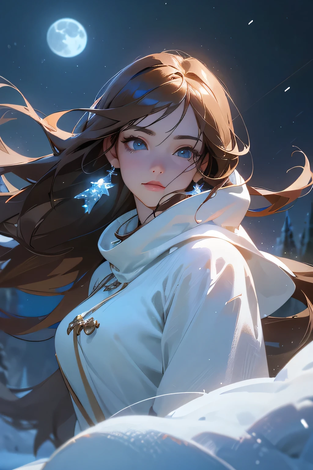 masterpiece, top quality, super detailed, high resolution, (realistic, photorealistic:1.37), excellent ???????, 1 beautiful woman, (logo, 8k, RAW photos, wonderful, very detailed CG integrated 8k wallpaper, narrative poem, particle effects, dynamic effects, written boundary depth, cinematic light, lens flare, ray tracing), fantasy, ((clear blue eyes, brown long hair, beautiful face, true face, beautiful fine details, beautiful skin)), long brown hair dancing in the wind, long brown hair bouncing, hair bounces, jewelry, Hanfu, silver earrings, ((night, wind, darkness, full moon, night sky, snow and frost, very cold winter day, snow capped mountain and forest, frost, snow capped mountains, trees covered in frost, beauty and brilliance of, tranquility and beauty of a world of ice and snow)), hip up, beautiful eyes, ring-shaped eyes, best light, best shadow, mysterious, perfect face, highly detailed,