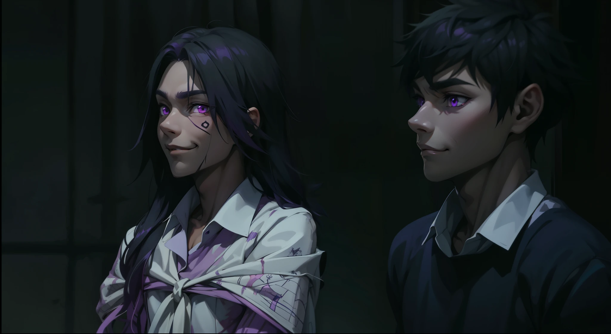 (estilo anime 2d plano)cute 16 year old boy speaks evil with hate with a mischievous smile malevolent irony purple hair purple eyes aura of evil he is dangerous murderer