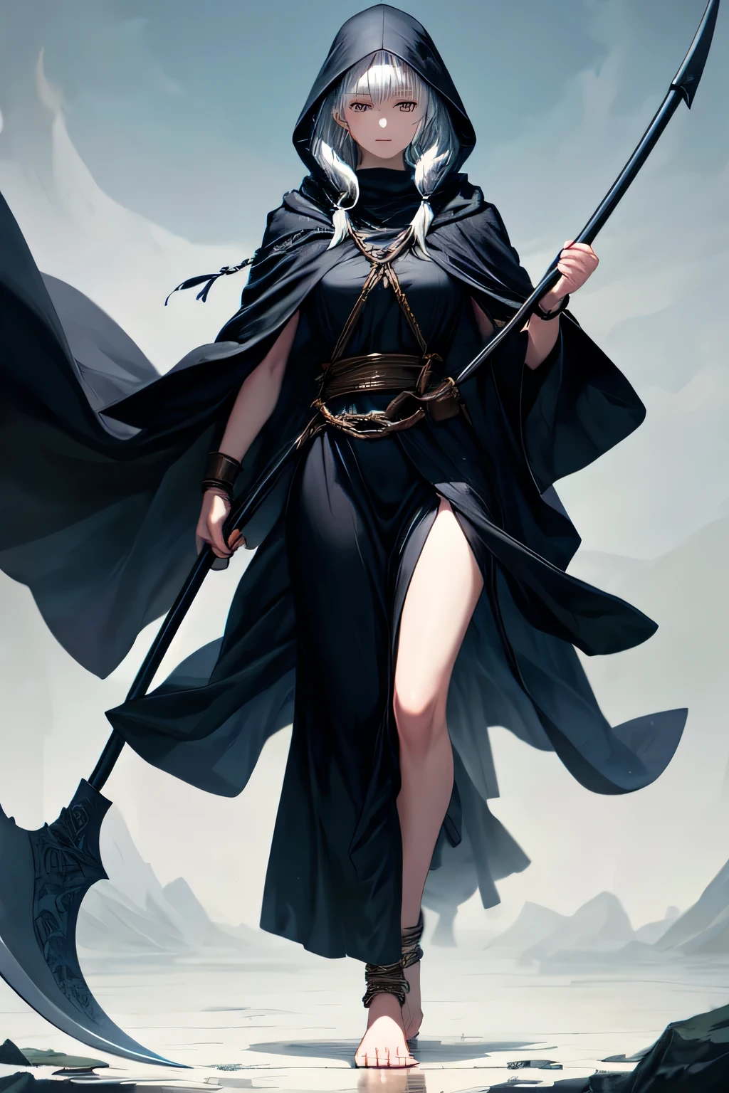 girl dressed in a long torn black robe with a black hood, her hair is long white, she has shackles on her wrists and ankles, her feet are bare. He is depicted floating with a background of mist while carrying a large scythe in his hands.