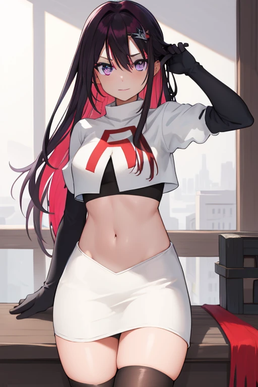 masterpiece, best quality, highres, 1girl, solo, multicolored hair, pink hair, purple eyes, black hair, colored inner hair, hair between eyes, two-tone hair, jewelry, x hair ornament, bangs, very long hair, streaked hair, hairclip, cowboy shot, team rocket,team rocket uniform,white skirt,red letter R,crop top,black thigh-highs,black elbow gloves