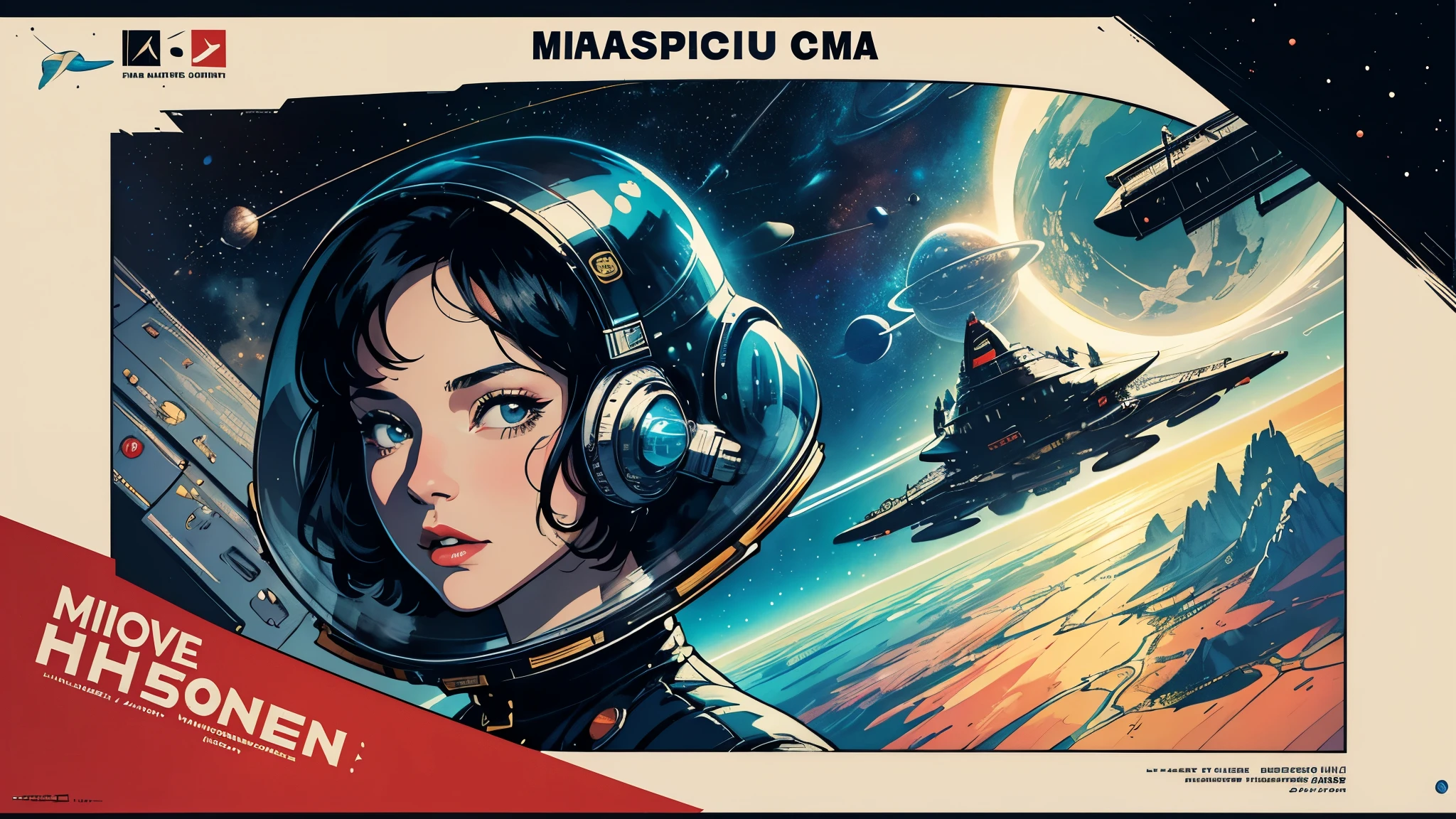 (masterpiece, highest quality), 8k wallpaper, very detailed, poster, vintage science fiction, 1960s,(((space thriller cinematic movie poster))), (bauhaus), shape,abstract, mid century modern, movie poster, vintage, Perfect Lady,anime,1970's,halftone,speech bubble