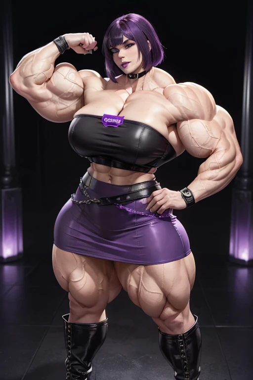 ((((Massive, beautiful, buff, pale white skinned, muscular woman with violet purple hair, black lipstick, ginormous bulky muscles and wearing a cropped strapless black leather top and black leather pencil skirt)))), (close view), leather pants, massive muscles, massive biceps, hyper muscle triceps, (long hair with long bangs), leather pencil skirt, black eyes, wristband, chained belt, high heels boots, top of a dark skyscraper, night, smug smirk, hyper muscles arms, hyper muscle legs, massive arms.
