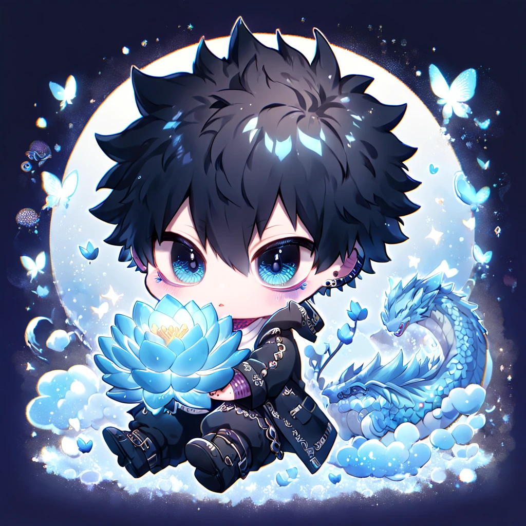 absurdres, highres, ultra detailed, HDR, master piece, best quality, Dabi chibi, black hair spiked around his head, expressive turquoise eyes, boku no hero academia, solo, cute, hugging a light-blue dragon, black jacket, white shirt, patterns, magical, fantasy, blue background, blue lotus, shining, blue petals, blue glittering butterflies
