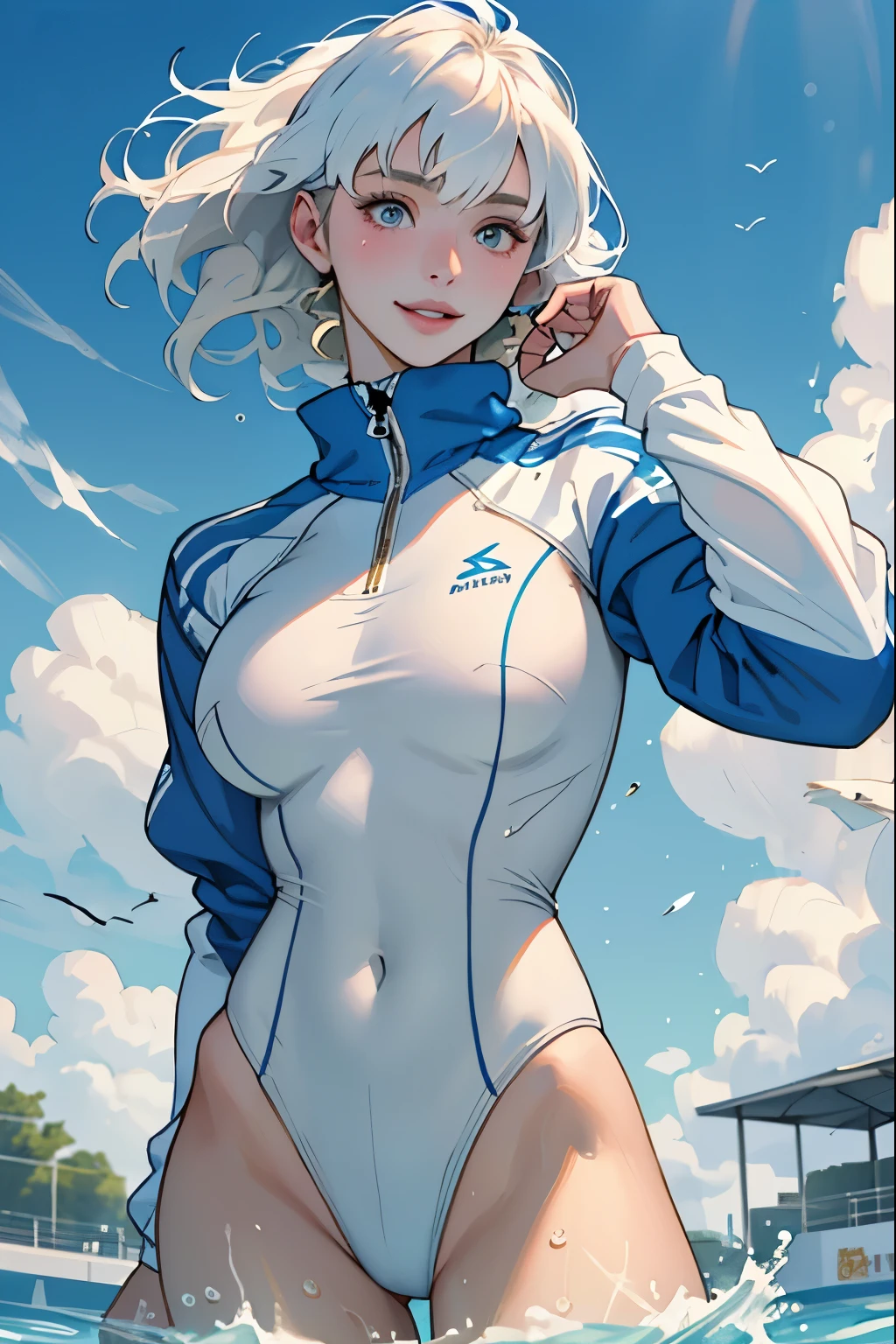 masterpiece、highest quality、High resolution、Two realistic girls、Competitive swimmer、Close-up of a person、Wearing a white bodysuit、During Competitive swimmerics competitions、smile、Swimming Venues、Sexy competitive swimsuit 