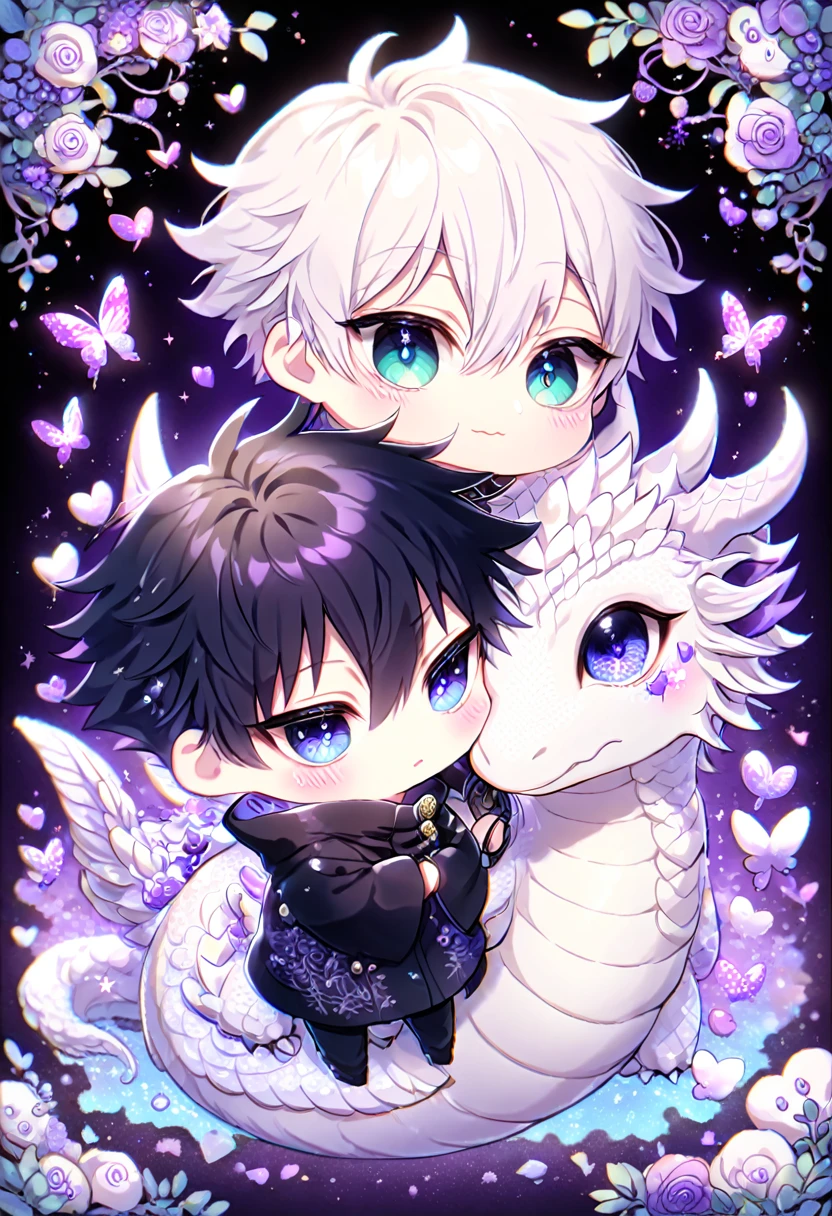 Ultra detailed, Highres, absurdres, HDR, Gojo Satoru chibi, white hair with bangs, expressive blue eyes, hair between the eyes, white eyelashes, Fushiguro Megumi, black hair expressive green eyes, black coat with patterns, Jujutsu Kaisen, black clothes, fantasy, glittering purple butterflies, petals, handsome, two men together, very detailed eyes and face, master piece, glittering, purple flowers, purple background, hugging a white dragon, cute, love, gay couple,