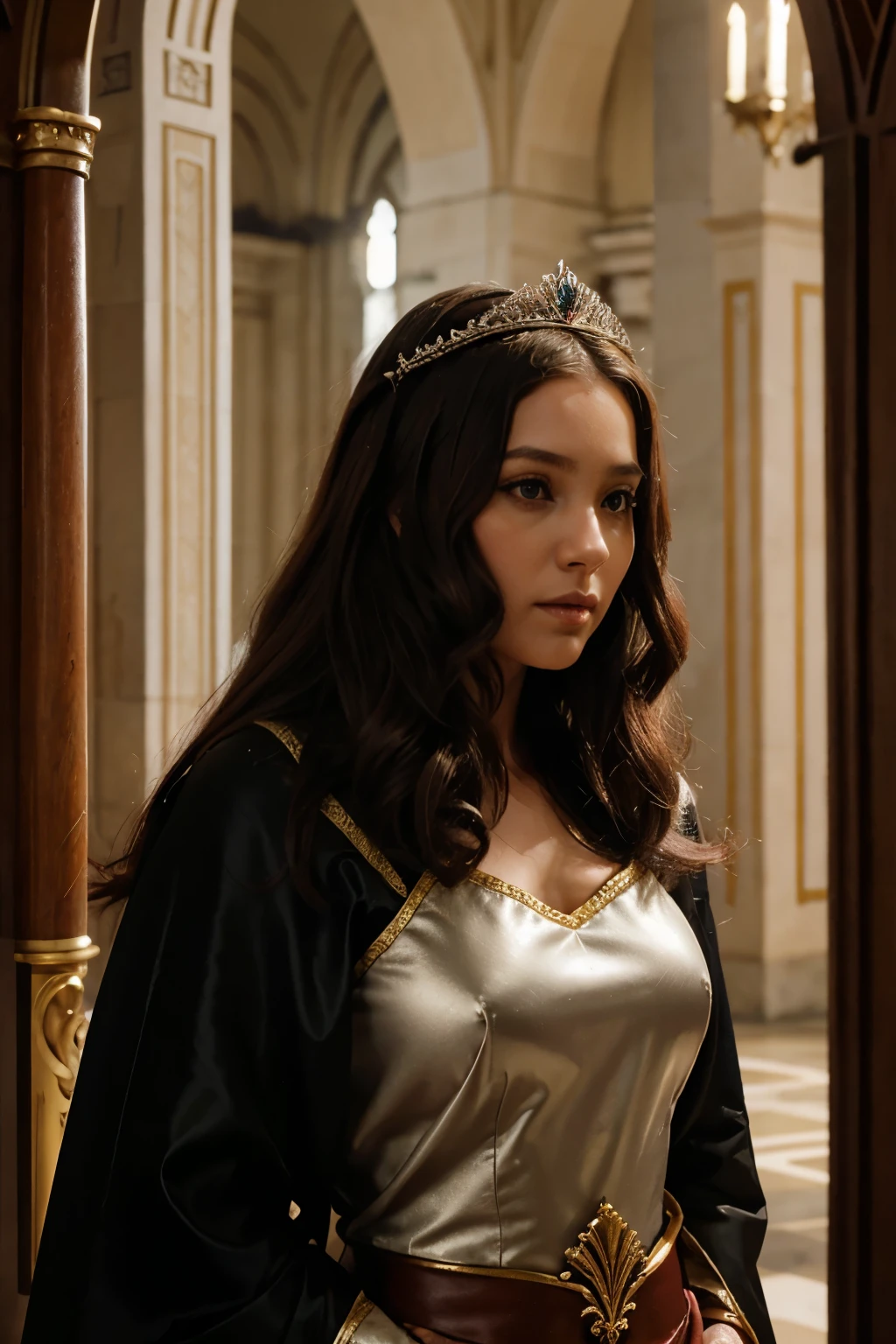 Uma rainha com uma coroa dourada;cabelos longos e preto e um olho da cor vermelha e outra da cor branca,a scene behind the throne room/coronation