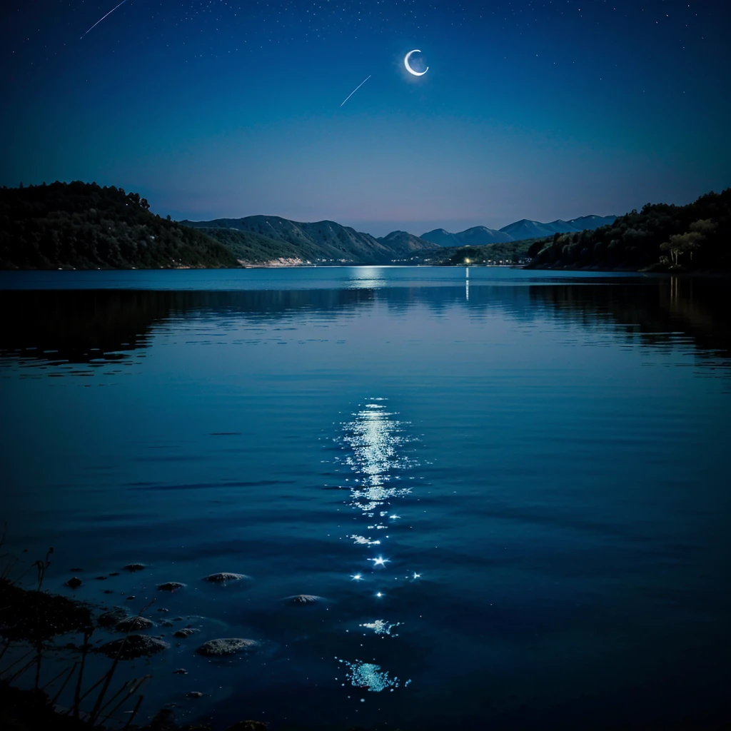 Luna llena, sobre un lago, cielo estrellado, reflejo en el agua, luna color azul celeste, paisaje nocturno