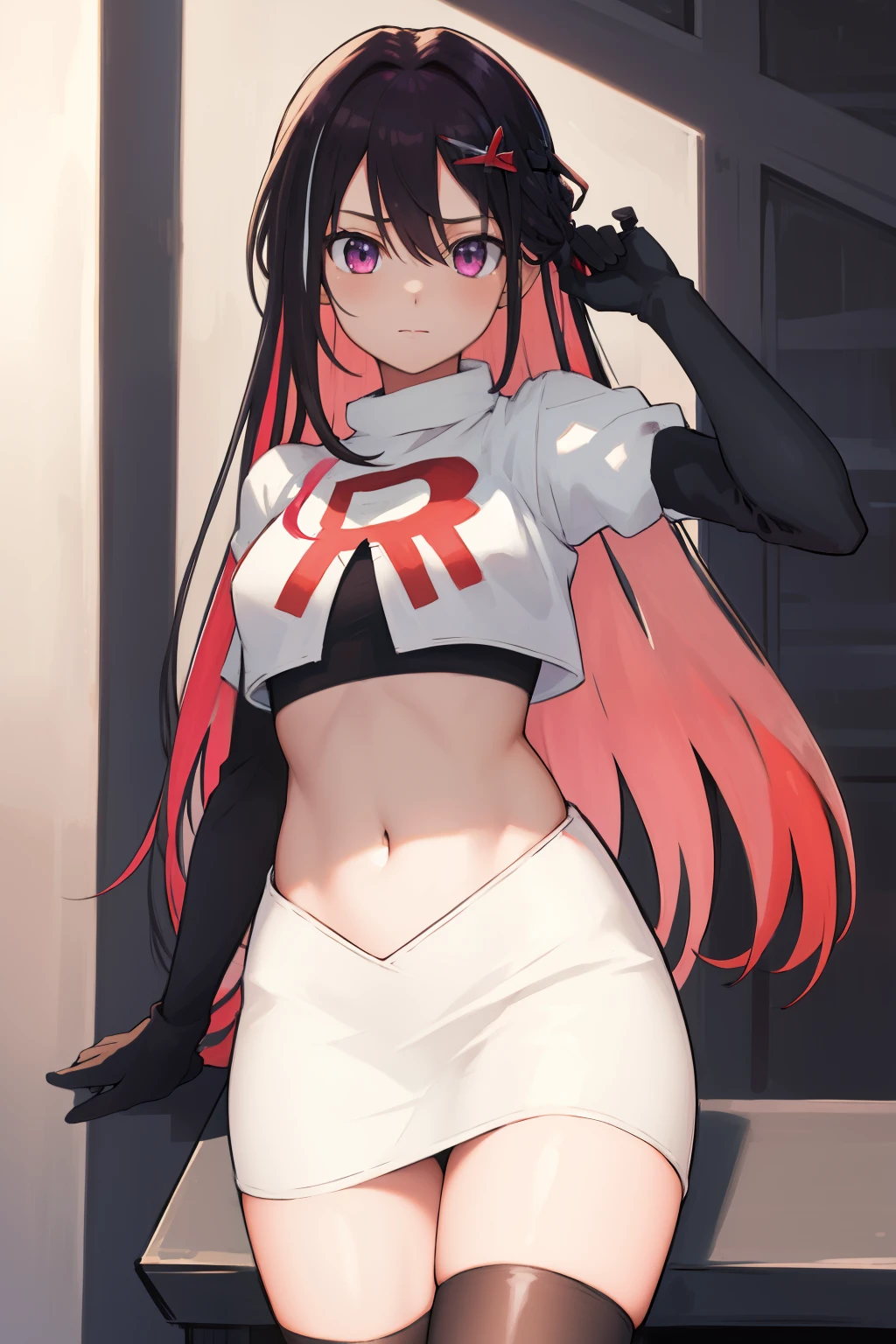 masterpiece, best quality, highres, 1girl, solo, multicolored hair, pink hair, purple eyes, black hair, colored inner hair, hair between eyes, two-tone hair, jewelry, x hair ornament, bangs, very long hair, streaked hair, hairclip, cowboy shot, team rocket,team rocket uniform,white skirt,red letter R,crop top,black thigh-highs,black elbow gloves