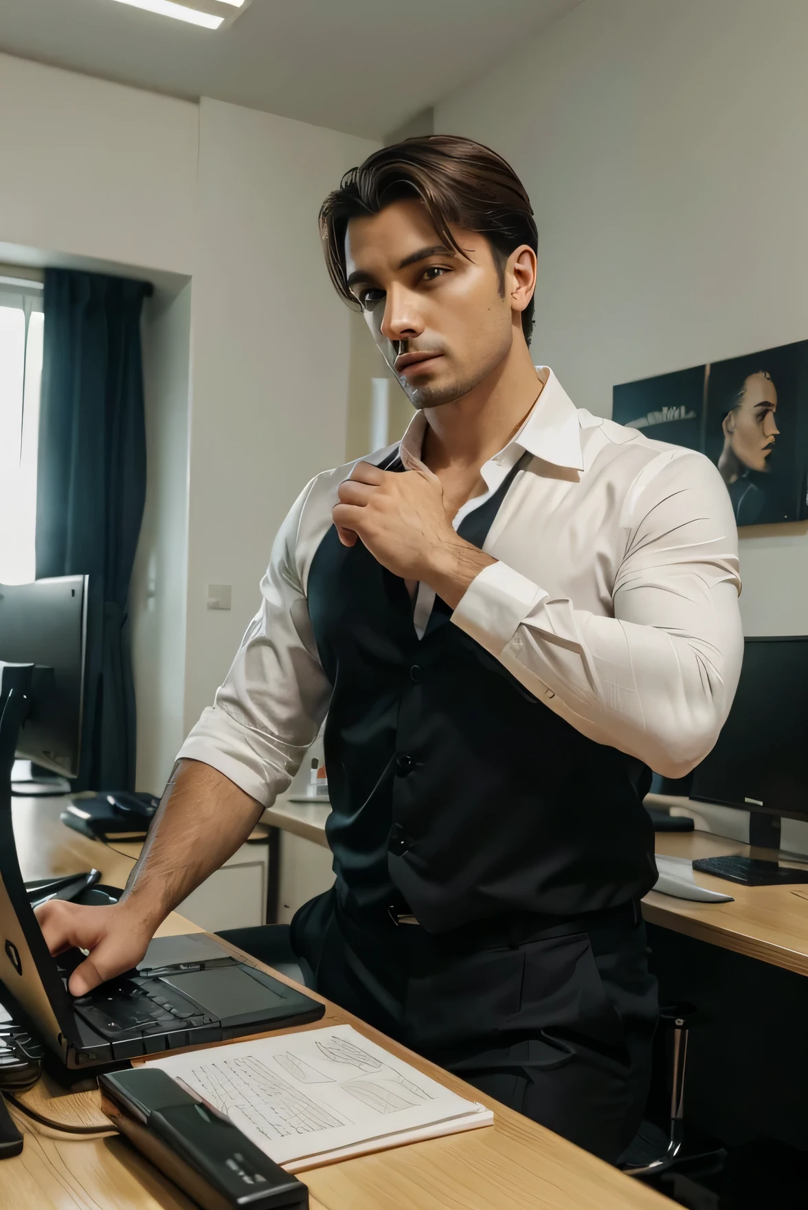 man looking at computer in office in white shirt, homem bonito, vestido de camisa branca, homem bonito, bonito e atraente, inspirado em Ramon Pichot, inspirado em Maximilian Cercha, masculino e bonito, de Gabor Szikszai, de Giorgio Cavallon, bonito e elegante, de Daniel Gelon, de Ramon Pichot. with perfect eyes and no body imperfections