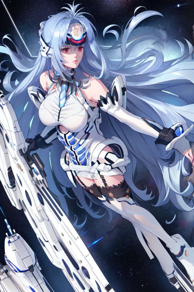 highest quality, masterpiece, Ultra-high resolution, (Realistic:1.2) One Woman、whole body、(Spacewalk)、skinny、(Highest quality)tall、White garter stockings、Expressionless、White long gloves、Beauty、((Background、Huge white spaceship))、Blue Hair、Heavily armed、Strong eyes