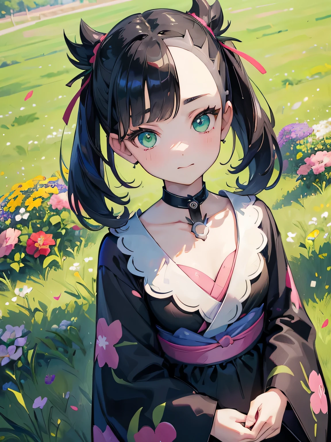 ((best quality)), ((masterpiece)), (detailed), perfect face, young girl, black hair, bangs, green eyes, black dress, flowers, pink flowers, happy, sunny, green grass, lawn, white lace choker, romantic, soft smile, looking at viewer, portrait, flat, ribbons, ((marnie pokemon)), (detail eyes), (shy), full-length body, ((yukata))