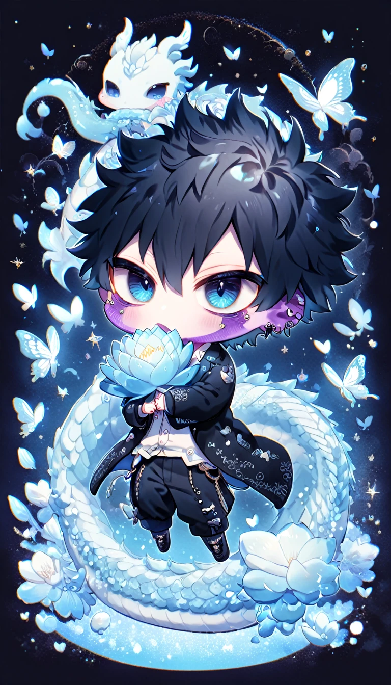 absurdres, highres, ultra detailed, HDR, master piece, best quality, Dabi chibi, black hair spiked around his head, expressive turquoise eyes, boku no hero academia, solo, cute, hugging a light-blue dragon, black jacket, white shirt, patterns, magical, fantasy, blue background, blue lotus, shining, blue petals, blue glittering butterflies