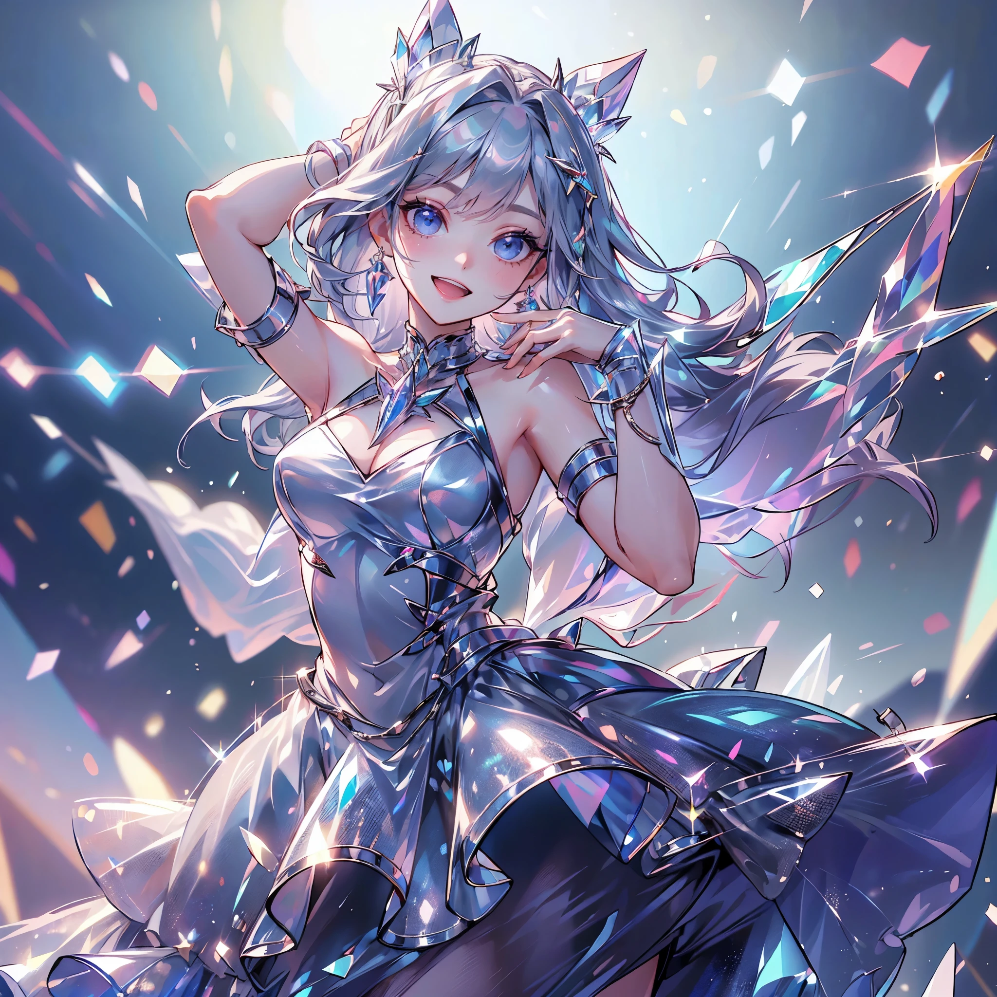 ( High quality , ultra detailed, careful with hand ), a singer, girl, delighted eyes, gorgeous, micro, studio, singing, smile happily, stage, K-pop idol, zoom in, half body, potrait, crystal dress, shift dresses, silver dress