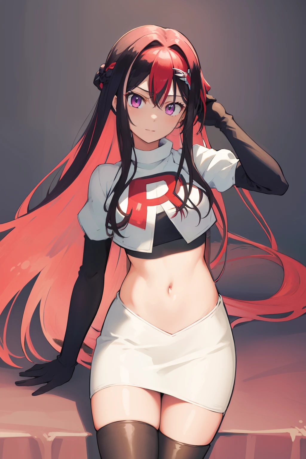 masterpiece, best quality, highres, 1girl, solo, multicolored hair, pink hair, purple eyes, black hair, colored inner hair, hair between eyes, two-tone hair, jewelry, x hair ornament, bangs, very long hair, streaked hair, hairclip, cowboy shot, team rocket,team rocket uniform,white skirt,red letter R,crop top,black thigh-highs,black elbow gloves