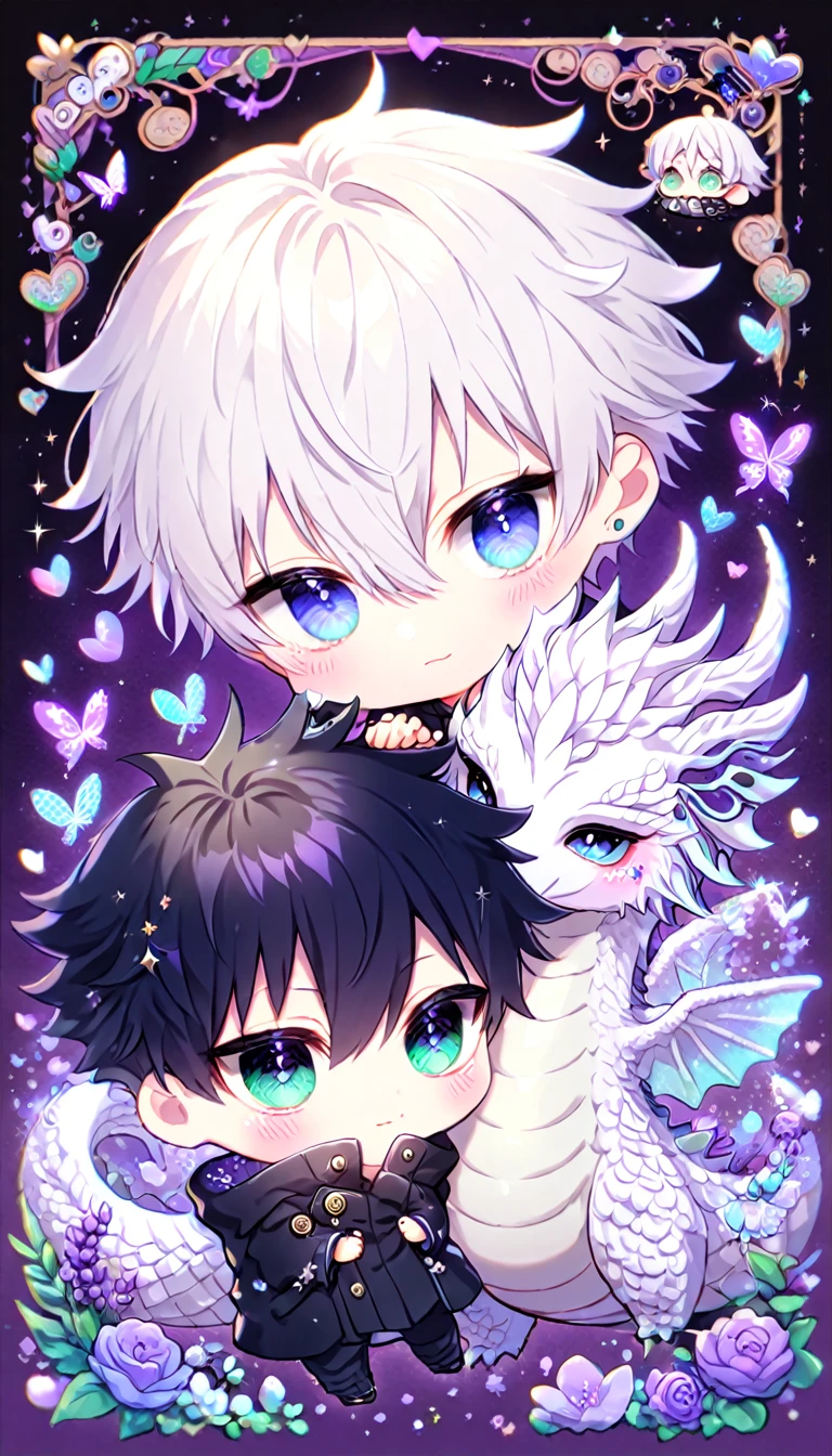 Ultra detailed, Highres, absurdres, HDR, Gojo Satoru chibi, white hair with bangs, expressive blue eyes, hair between the eyes, white eyelashes, Fushiguro Megumi, black hair expressive green eyes, black coat with patterns, Jujutsu Kaisen, black clothes, fantasy, glittering purple butterflies, petals, handsome, two men together, very detailed eyes and face, master piece, glittering, purple flowers, purple background, hugging a white dragon, cute, love, gay couple,