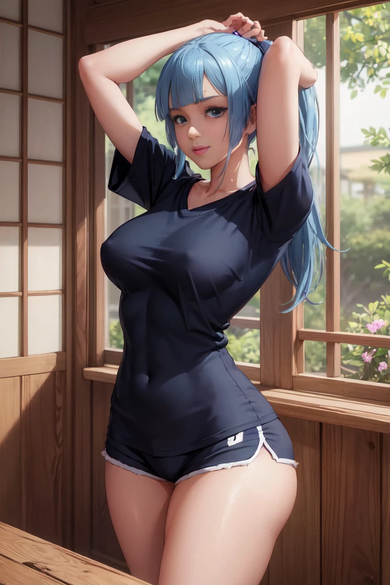 (extremely detailed CG unity 8k wallpaper),(masterpiece),(best quality),(ultra-detailed),(best illustration),(best shadow),(absurdres), Kasumi, 1girl, solo, blue hair, long hair, blue eyes, holding, bangs, blunt bangs, indoors, upper body, straight hair, white graphic tshirt, collarbone, Standing in bedroom , large breasts, Extremely wide hips, thick thighs, facing camera, looking at viewer, (wide hips), beautiful japanese garden background, dolfine shorts, dshorts, lips seperated, cleavege, athletic shorts, Extremely tight shorts,booth shorts, perfect face, kasumi miwa, miwa, handsome on head, arms up, sweating ,hot, ponytail,36 year old mature woman, medium breasts, lips seperated, beautiful lips, shiny lips, delicate lips, Extremely short shorts, overisezed shirt, shirt going down to hips, smiling, no pants