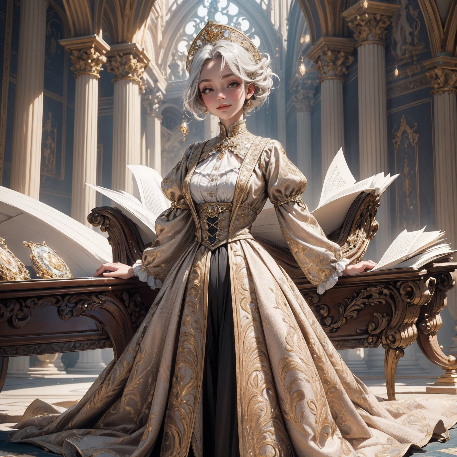 { - anatomy error}(Masterpiece - Ultra-detailed, very high resolution) Prepare to be enchanted by a true masterpiece that combines ultra-detailed art with high-resolution rendering. This work depicts a mesmerizing woman with short white hair (1.3) and captivating gray eyes (1.2), emanating an aura of elegance and mystery in Victorian settings. The intricate details and realistic textures invite you to explore every aspect of this enchanting composition. Woman wearing beautiful classic Victorian costume from the year 1878. Red lips. Happy face. Smiling. light brown (gold) dress. Walking, writing, lying down, standing, on your back, dynamic poses., upper body. dynamic poses. Get ready to dive into a world where beauty and craftsmanship merge perfectly.